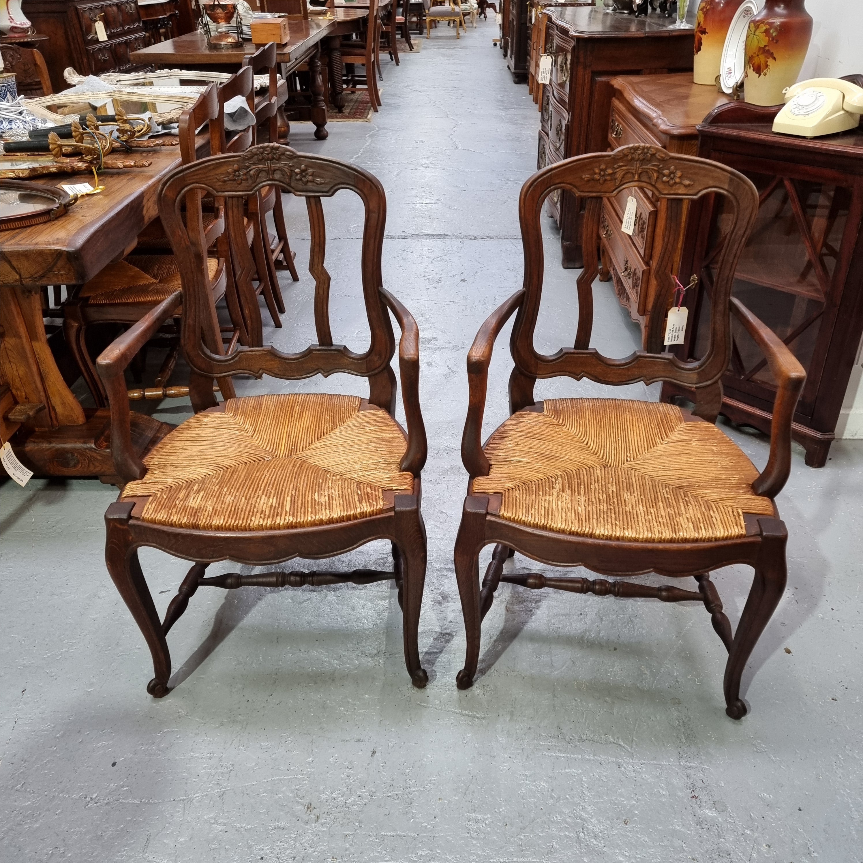 Pair Louis XV Style French Oak Rush Seated Carver Chairs | Antique & Vintage | Moonee Ponds Antiques | Australia Wide Delivery