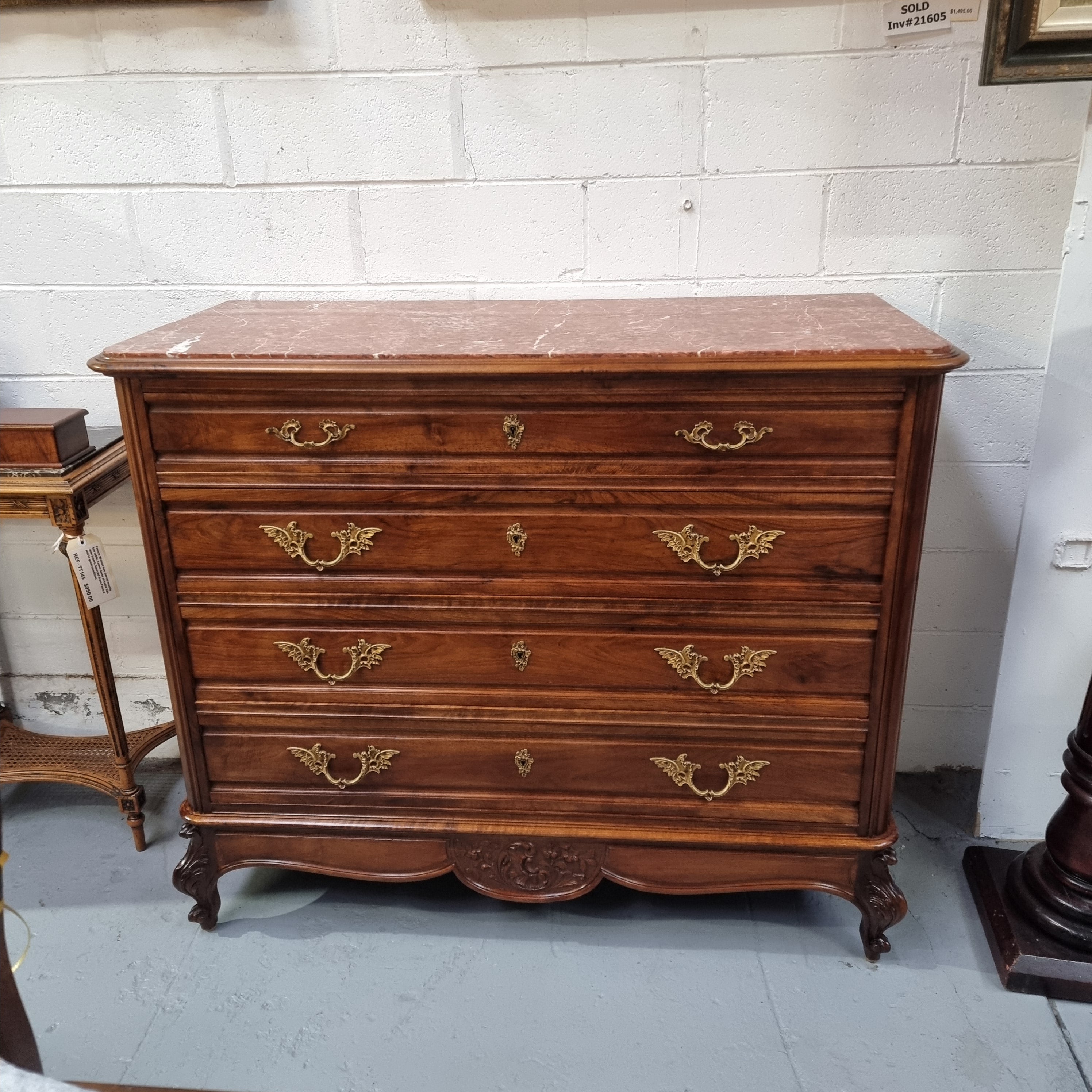 Louis 15th Style French Walnut Four Drawer Commode With Inset Marble Top | Antique & Vintage | Moonee Ponds Antiques | Australia Wide Delivery