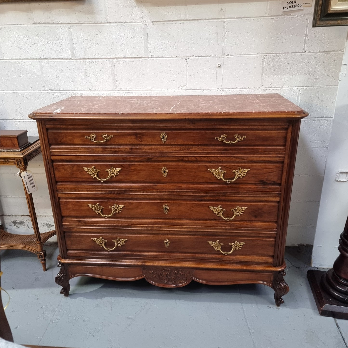 Louis 15th Style French Walnut Four Drawer Commode With Inset Marble Top