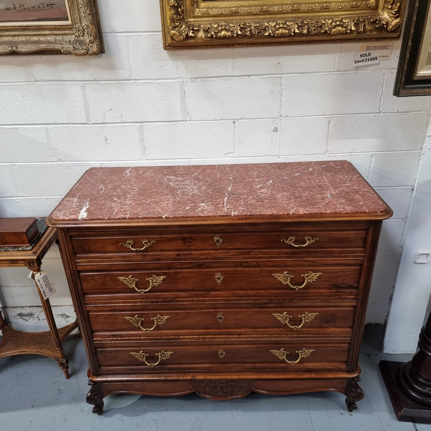 Louis 15th Style French Walnut Four Drawer Commode With Inset Marble Top