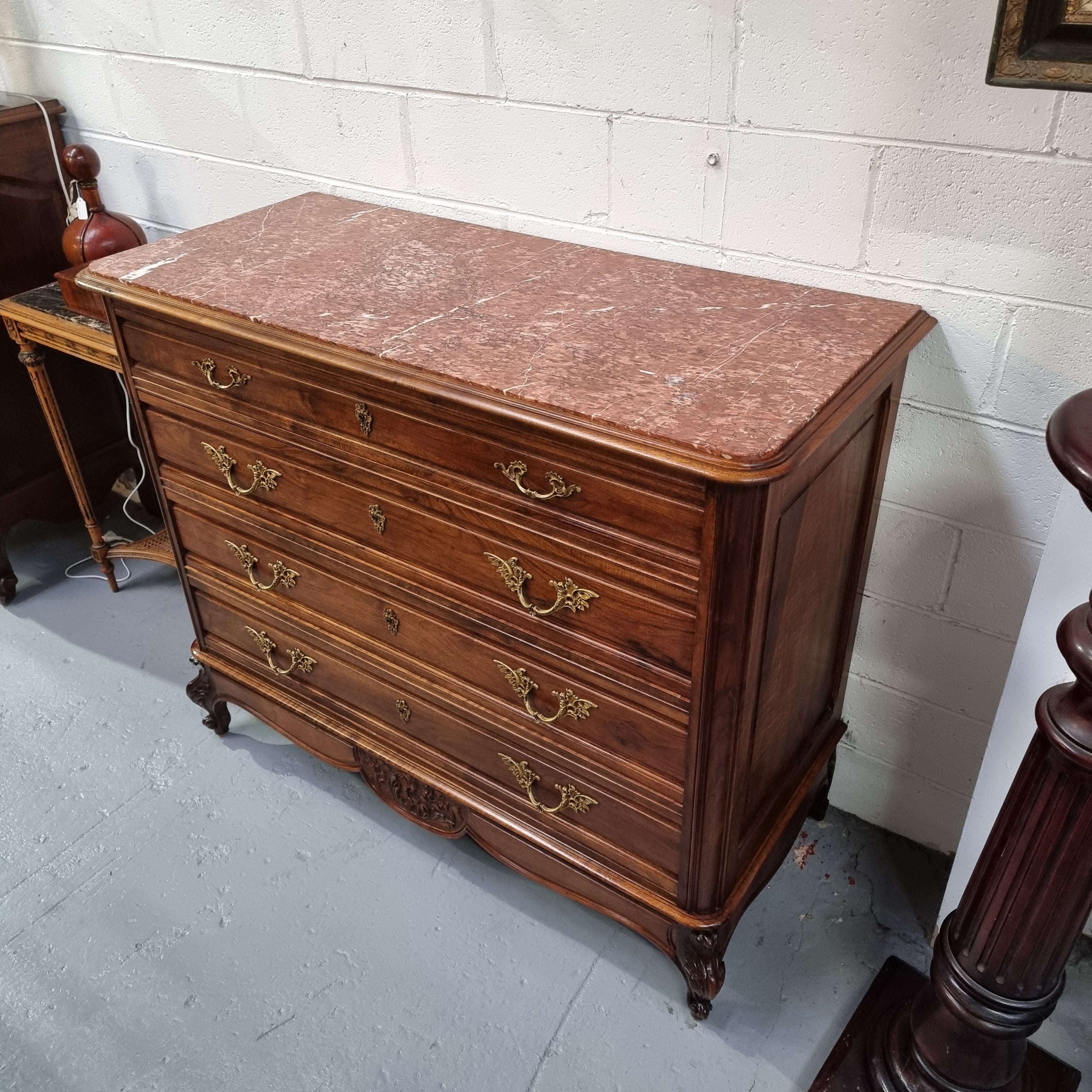 Louis 15th Style French Walnut Four Drawer Commode With Inset Marble Top | Antique & Vintage | Moonee Ponds Antiques | Australia Wide Delivery