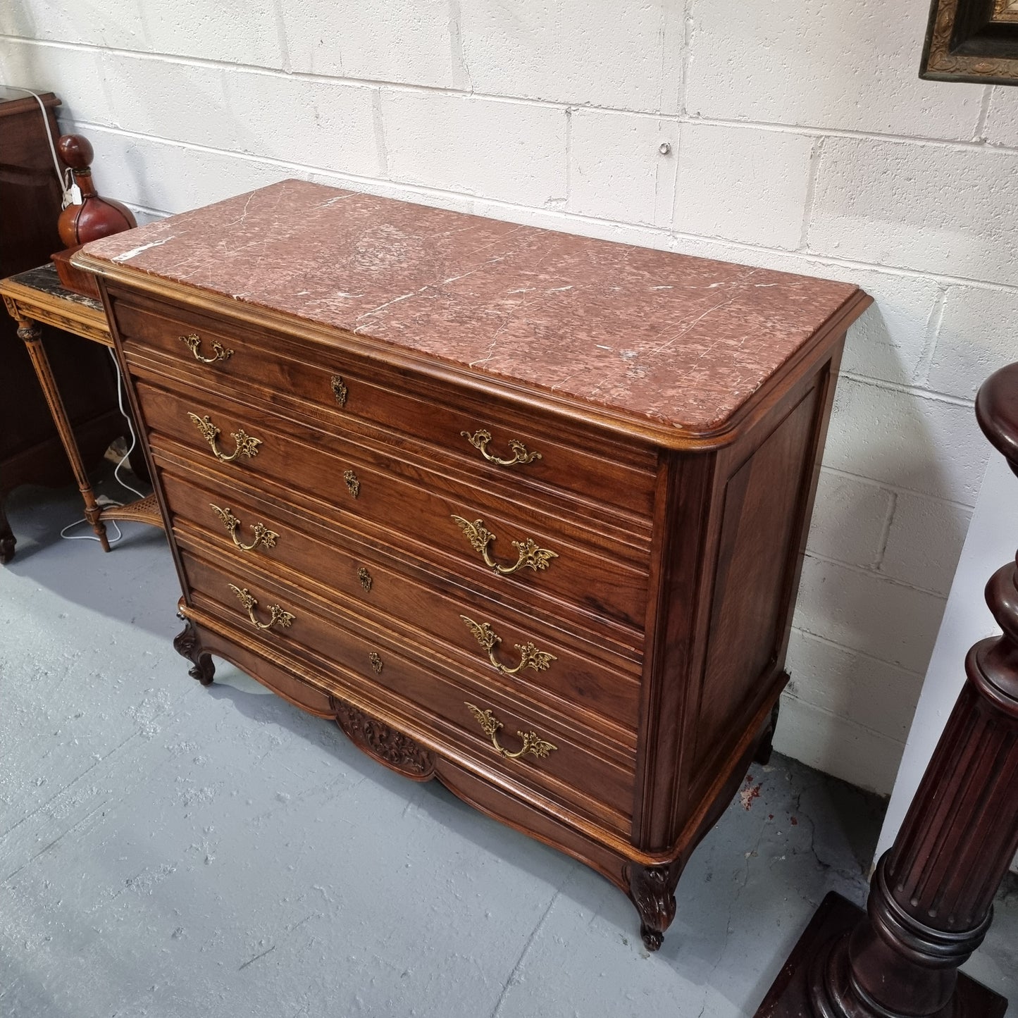 Louis 15th Style French Walnut Four Drawer Commode With Inset Marble Top