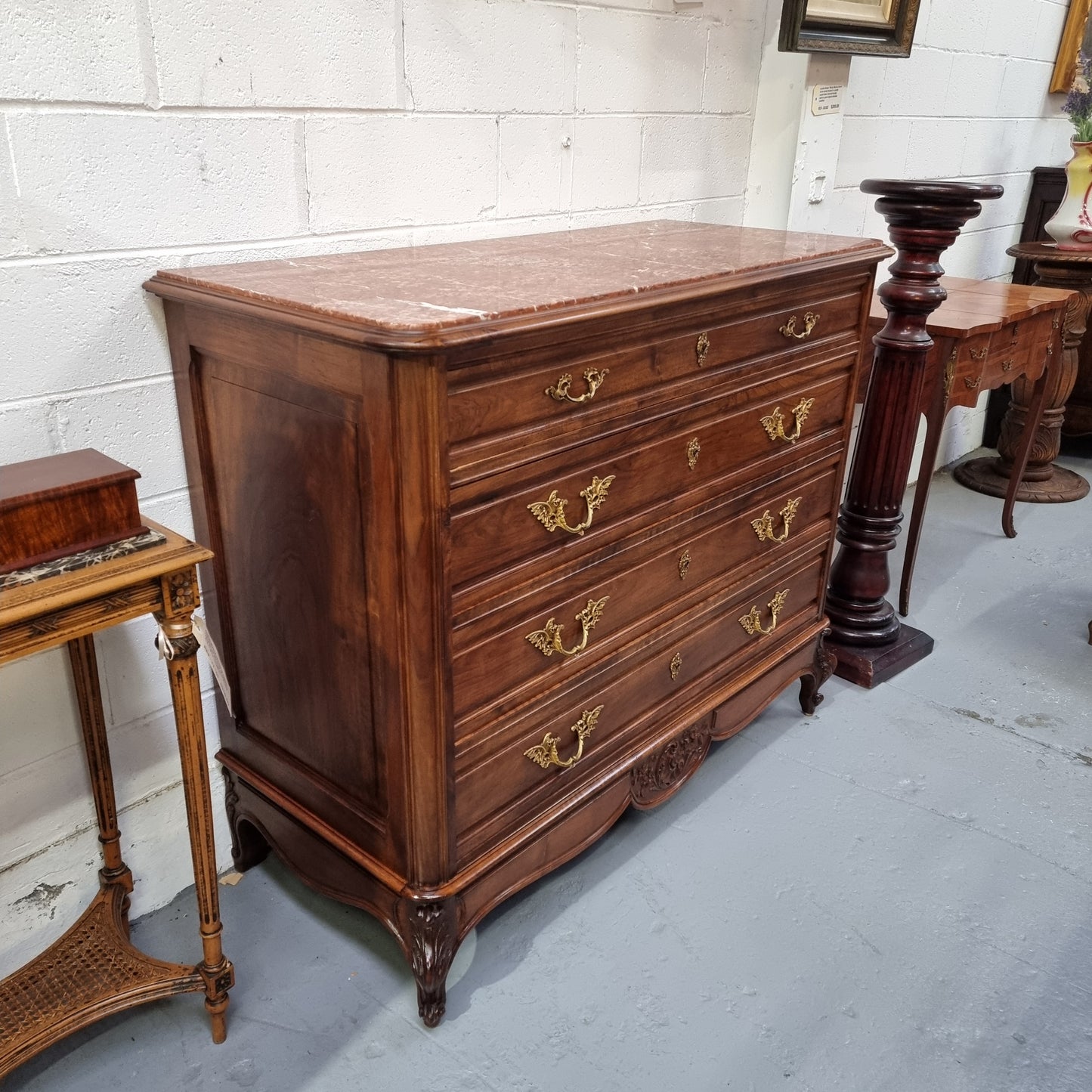 Louis 15th Style French Walnut Four Drawer Commode With Inset Marble Top