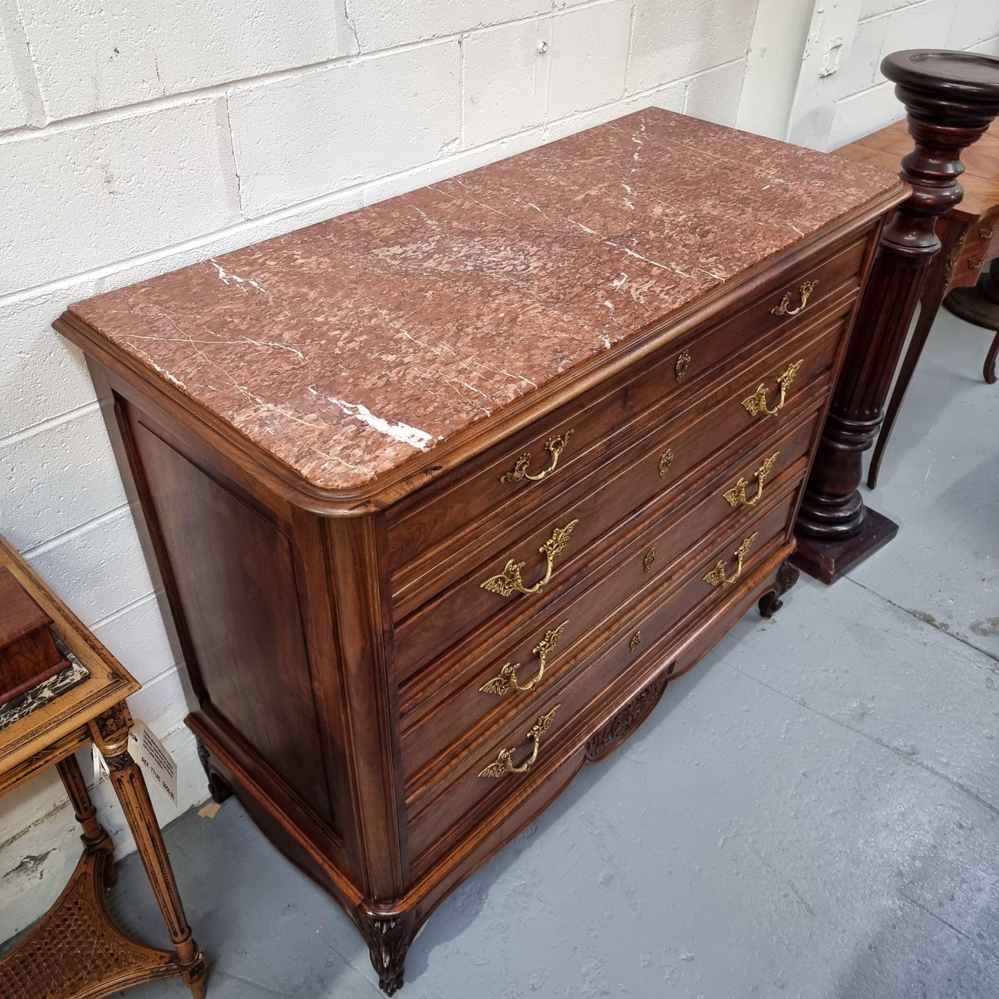 Louis 15th Style French Walnut Four Drawer Commode With Inset Marble Top