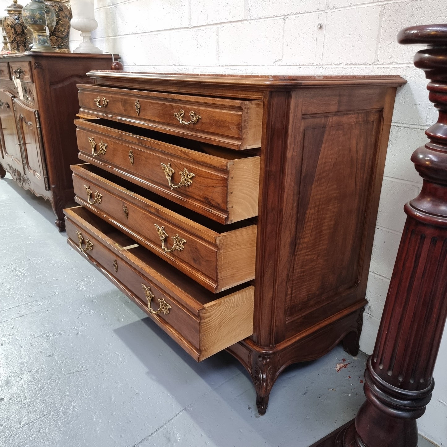 Louis 15th Style French Walnut Four Drawer Commode With Inset Marble Top