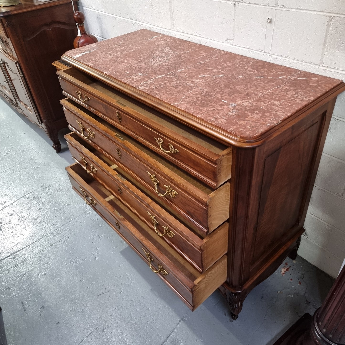 Louis 15th Style French Walnut Four Drawer Commode With Inset Marble Top