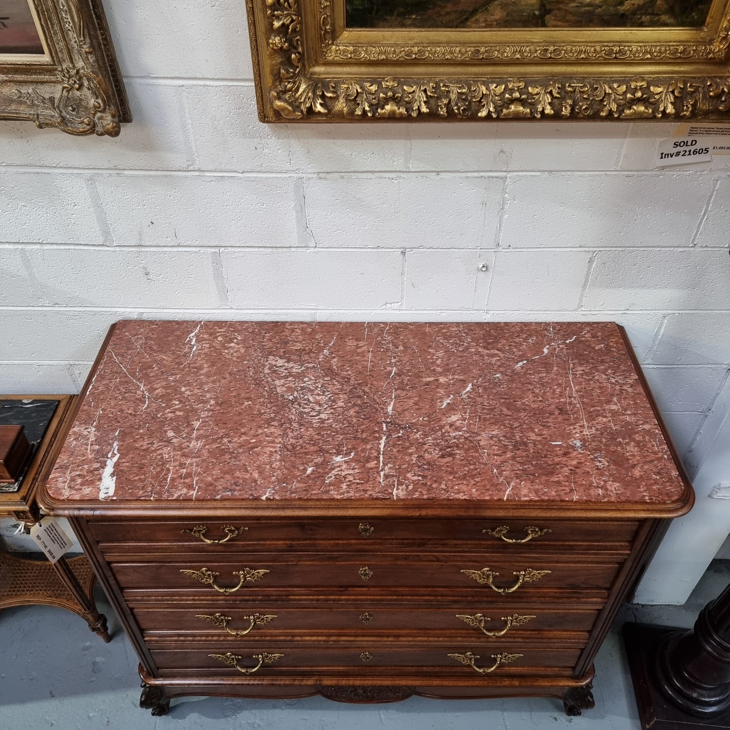 Louis 15th Style French Walnut Four Drawer Commode With Inset Marble Top