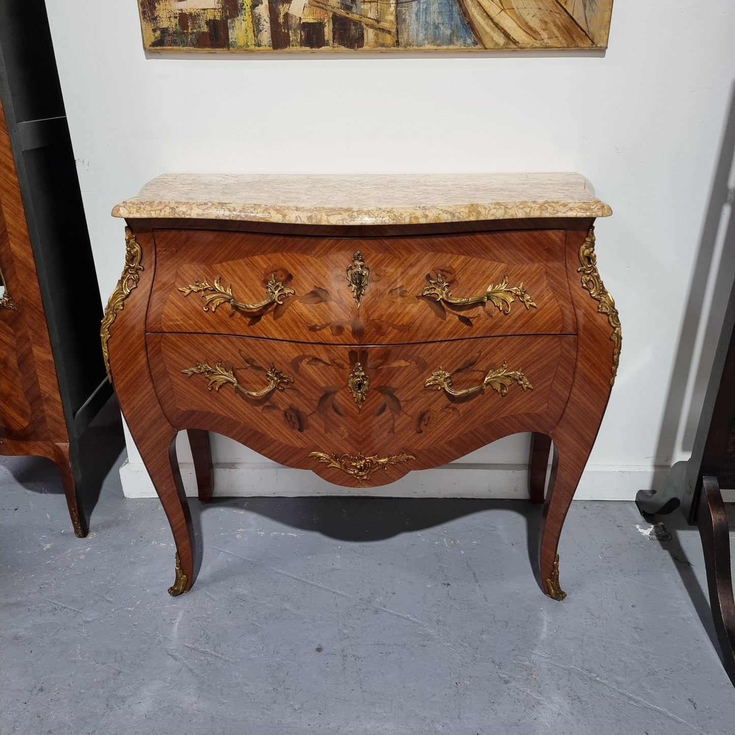 Louis XVth Style Marble Top Two Drawer Marquetry Inlaid Commode