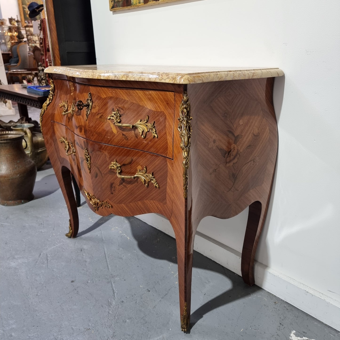 Louis XVth Style Marble Top Two Drawer Marquetry Inlaid Commode