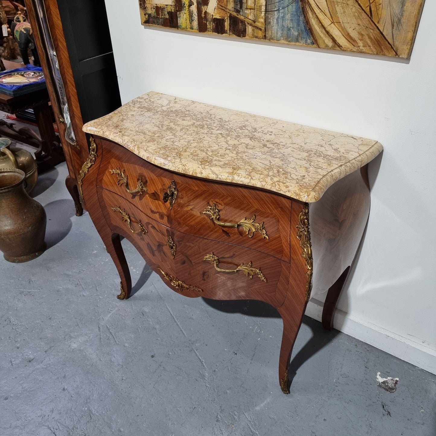 Louis XVth Style Marble Top Two Drawer Marquetry Inlaid Commode