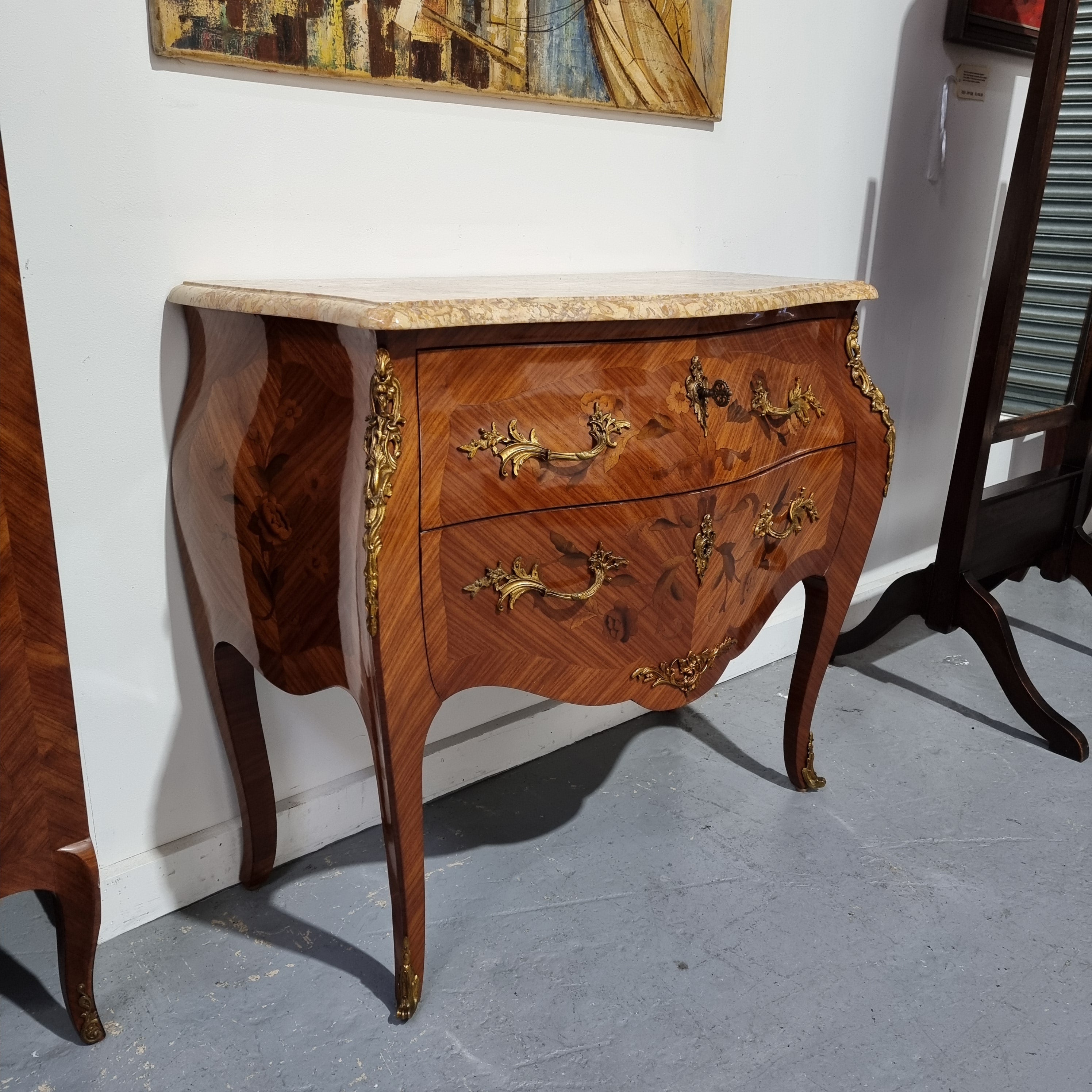 Louis XVth Style Marble Top Two Drawer Marquetry Inlaid Commode | Antique & Vintage | Moonee Ponds Antiques | Australia Wide Delivery