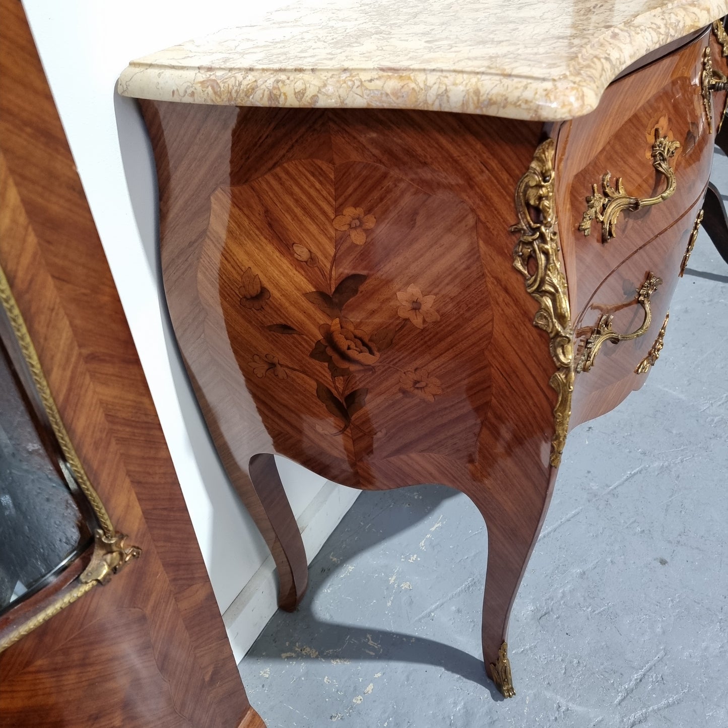 Louis XVth Style Marble Top Two Drawer Marquetry Inlaid Commode