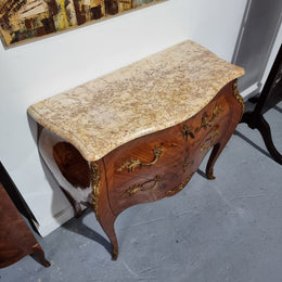 Louis XVth Style Marble Top Two Drawer Marquetry Inlaid Commode