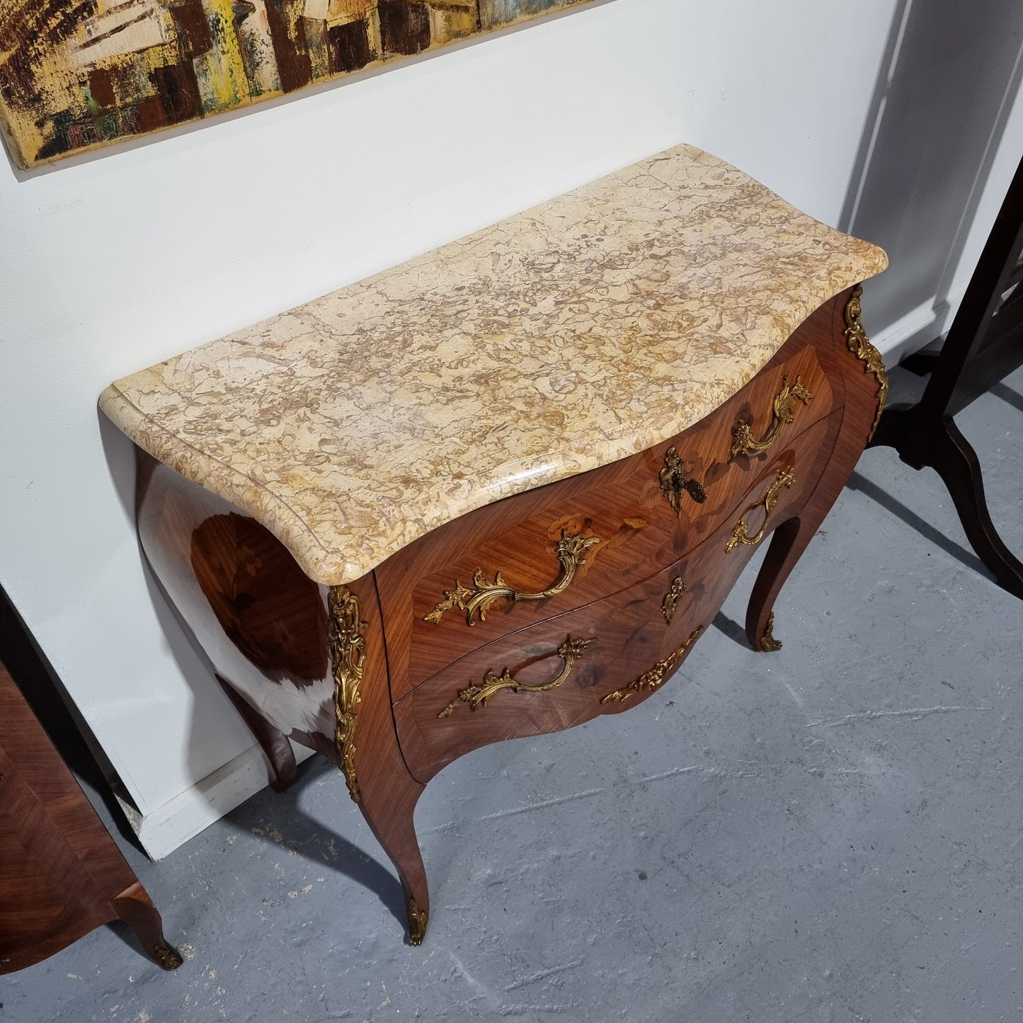 Louis XVth Style Marble Top Two Drawer Marquetry Inlaid Commode