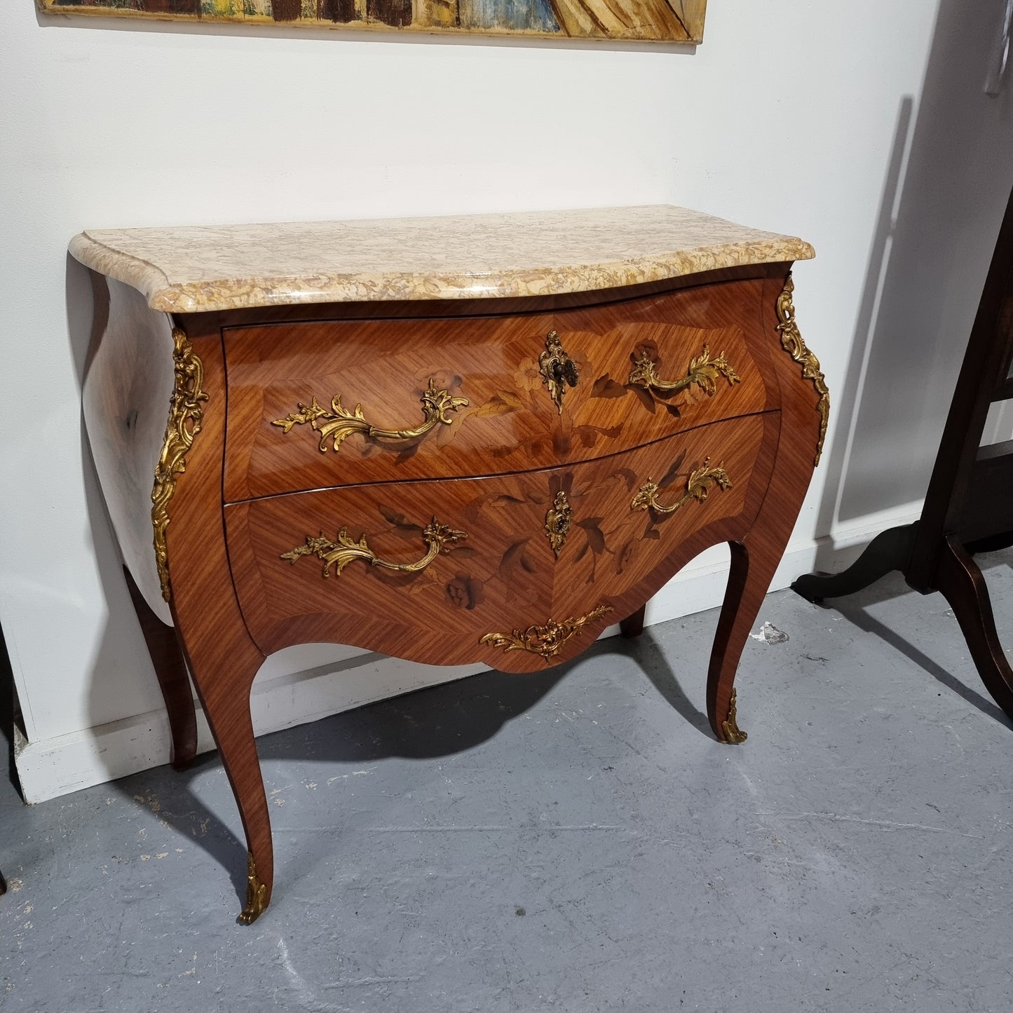 Louis XVth Style Marble Top Two Drawer Marquetry Inlaid Commode