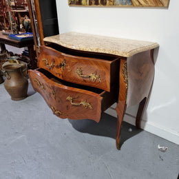 Louis XVth Style Marble Top Two Drawer Marquetry Inlaid Commode