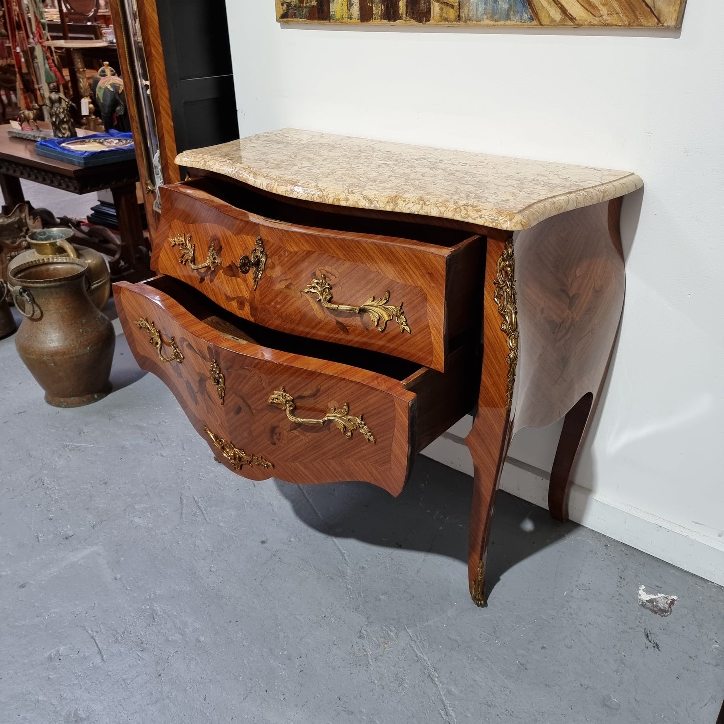 Louis XVth Style Marble Top Two Drawer Marquetry Inlaid Commode