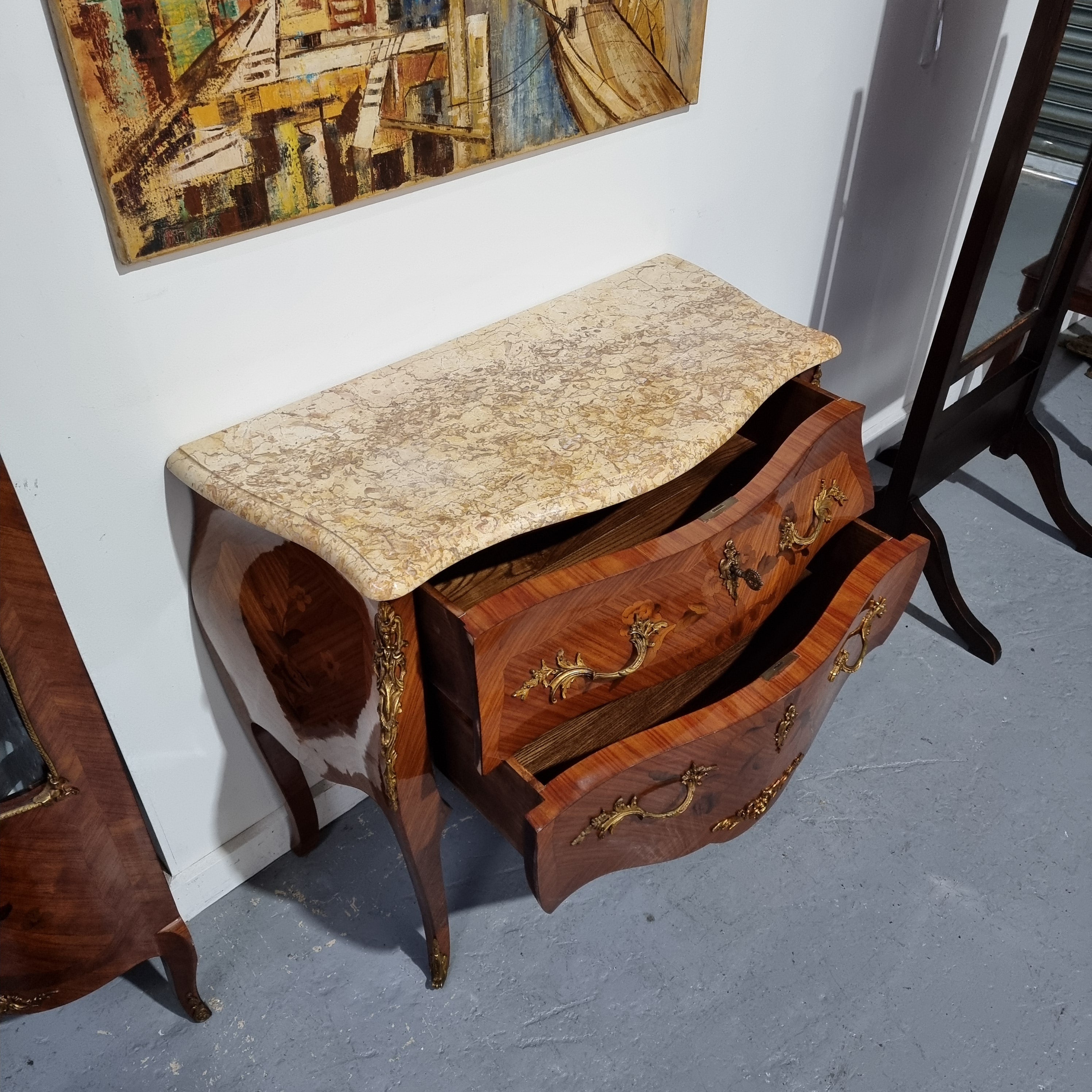 Louis XVth Style Marble Top Two Drawer Marquetry Inlaid Commode | Antique & Vintage | Moonee Ponds Antiques | Australia Wide Delivery