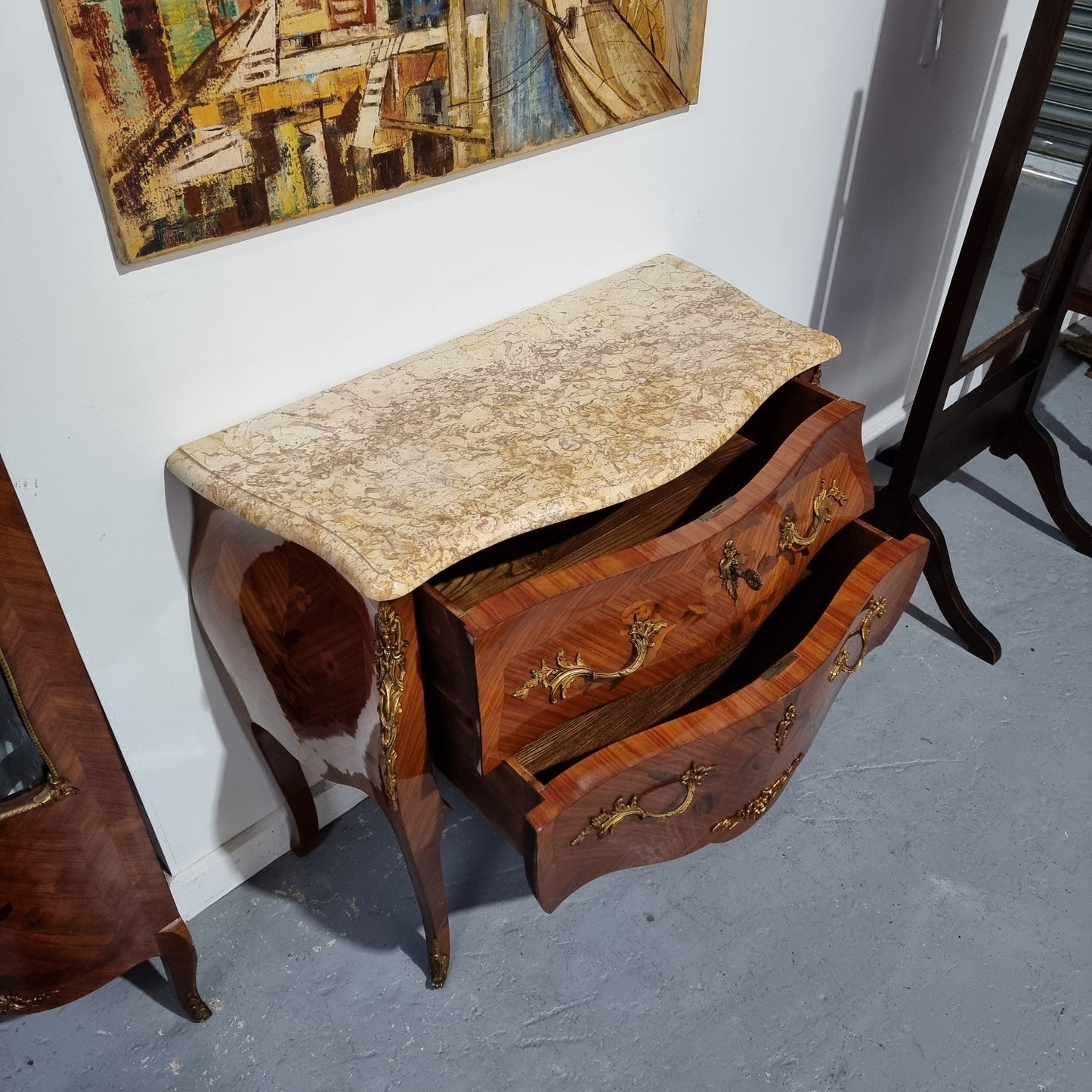 Louis XVth Style Marble Top Two Drawer Marquetry Inlaid Commode