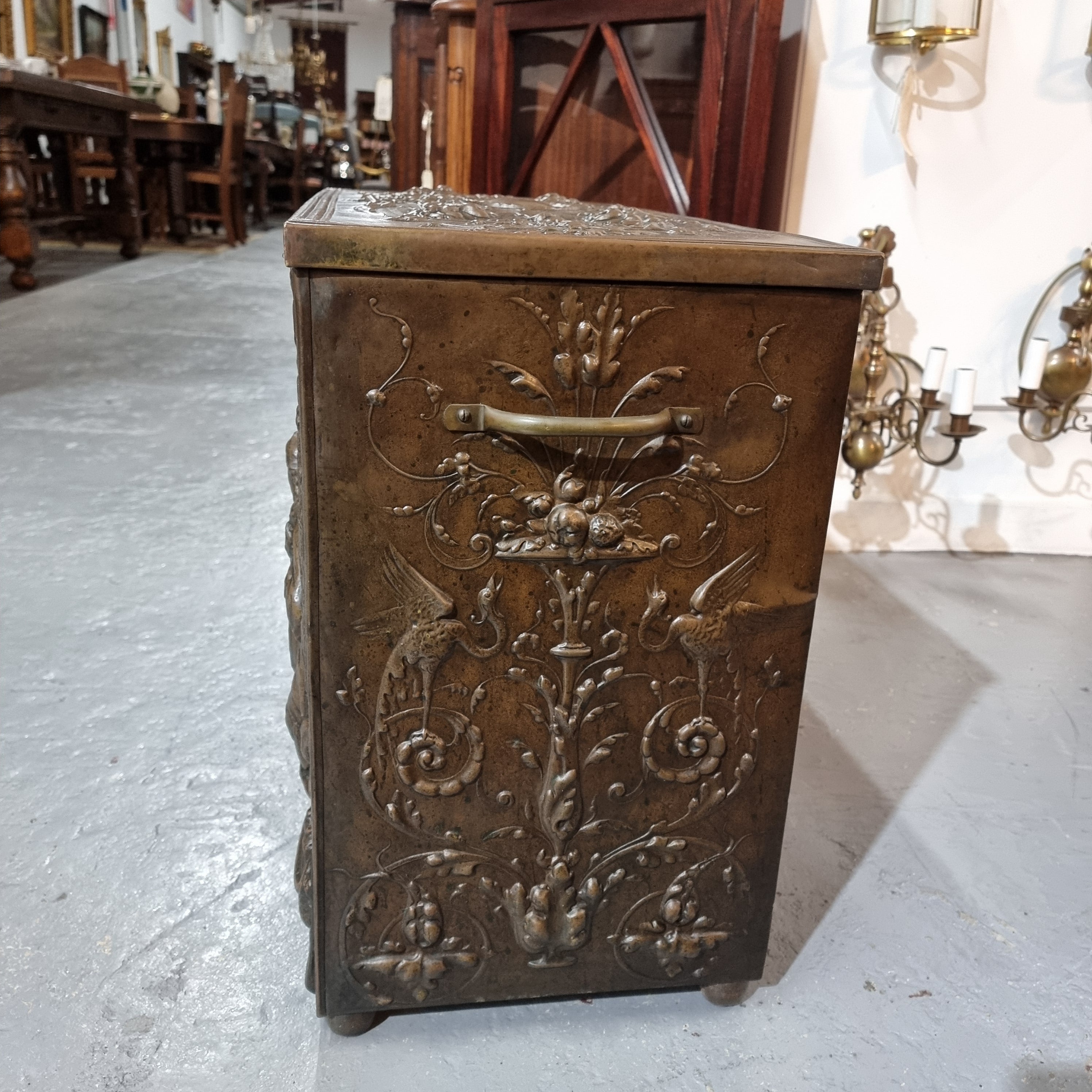 A Highly Decorative 19th Century French Embossed Brass Fire Coal Box | Antique & Vintage | Moonee Ponds Antiques | Australia Wide Delivery