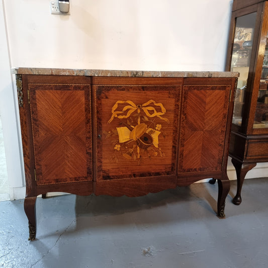 Antique late 19th century Transitional style marble top cabinet featuring beautiful marquetry inlay and decorative mounts. Made from French Walnut and Burr Walnut. In good original detailed condition. 