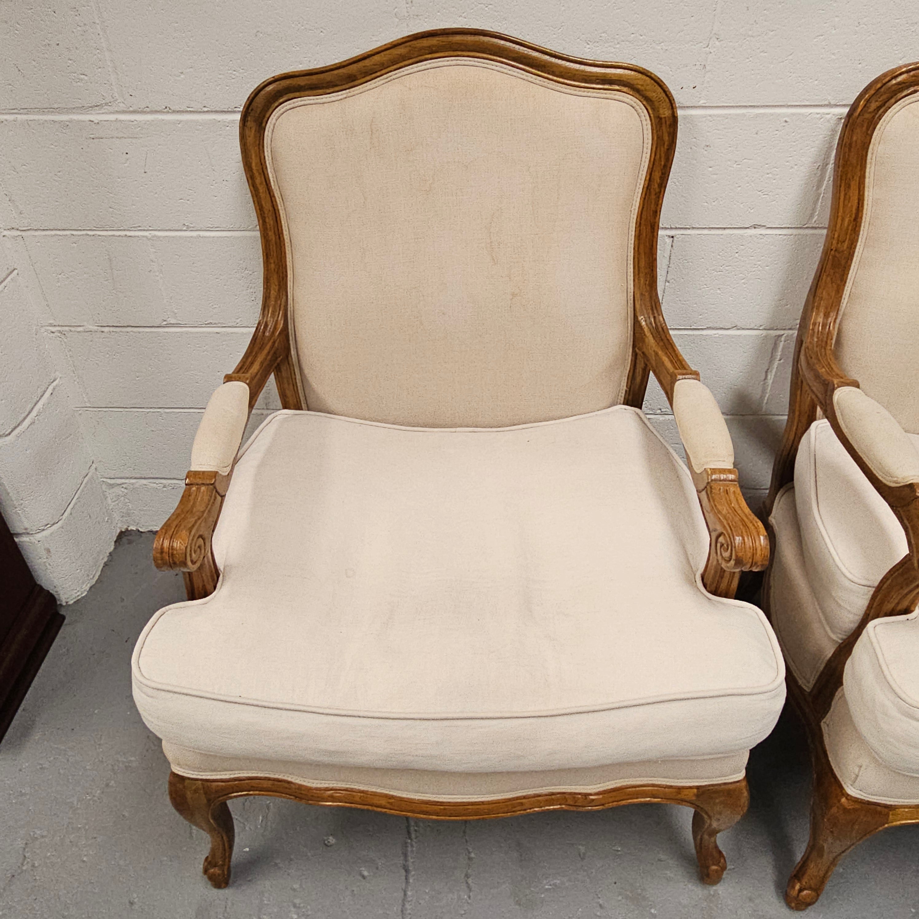Pair Louis 15th Style Oak Framed Bergeres Chairs | Antique & Vintage | Moonee Ponds Antiques | Australia Wide Delivery