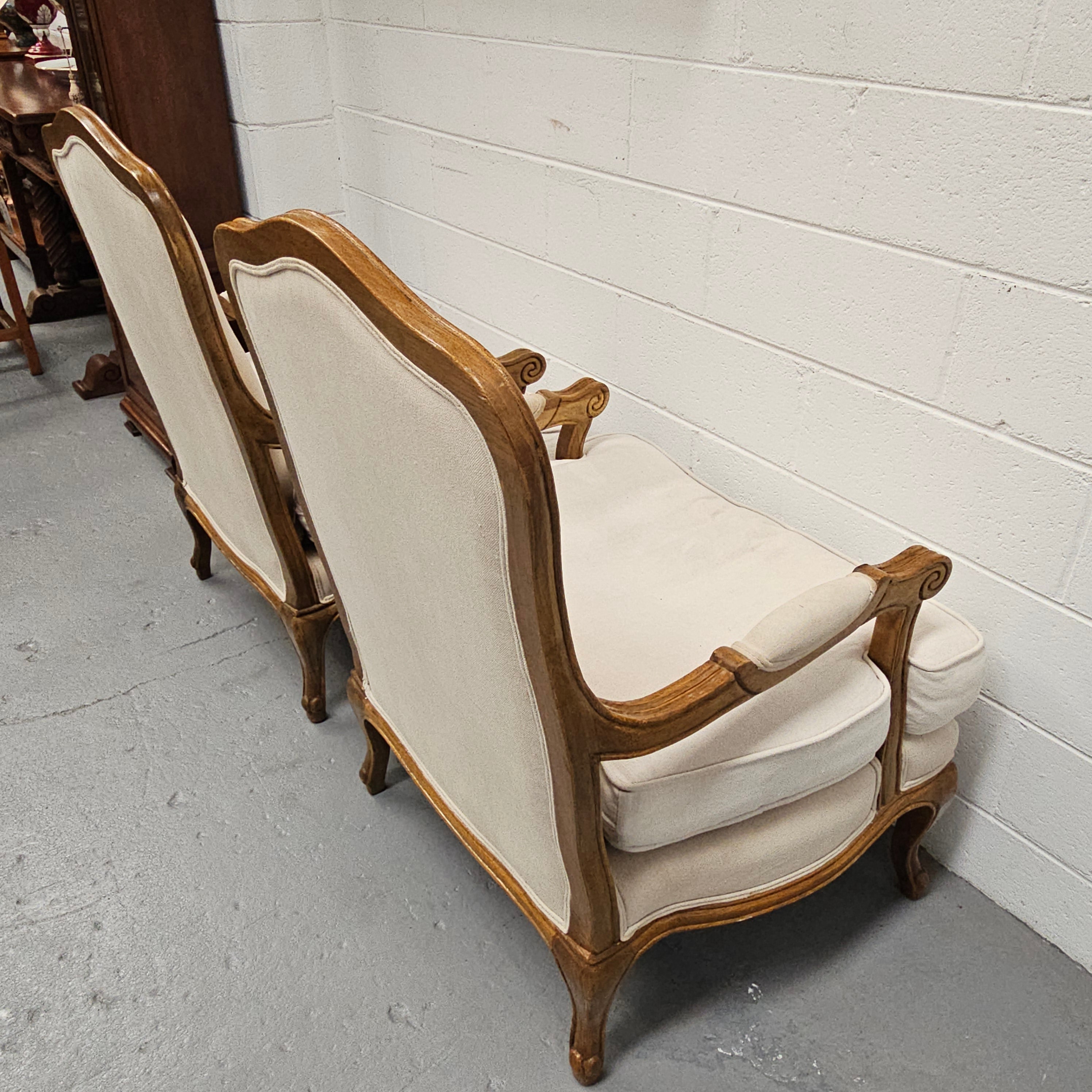 Pair Louis 15th Style Oak Framed Bergeres Chairs | Antique & Vintage | Moonee Ponds Antiques | Australia Wide Delivery