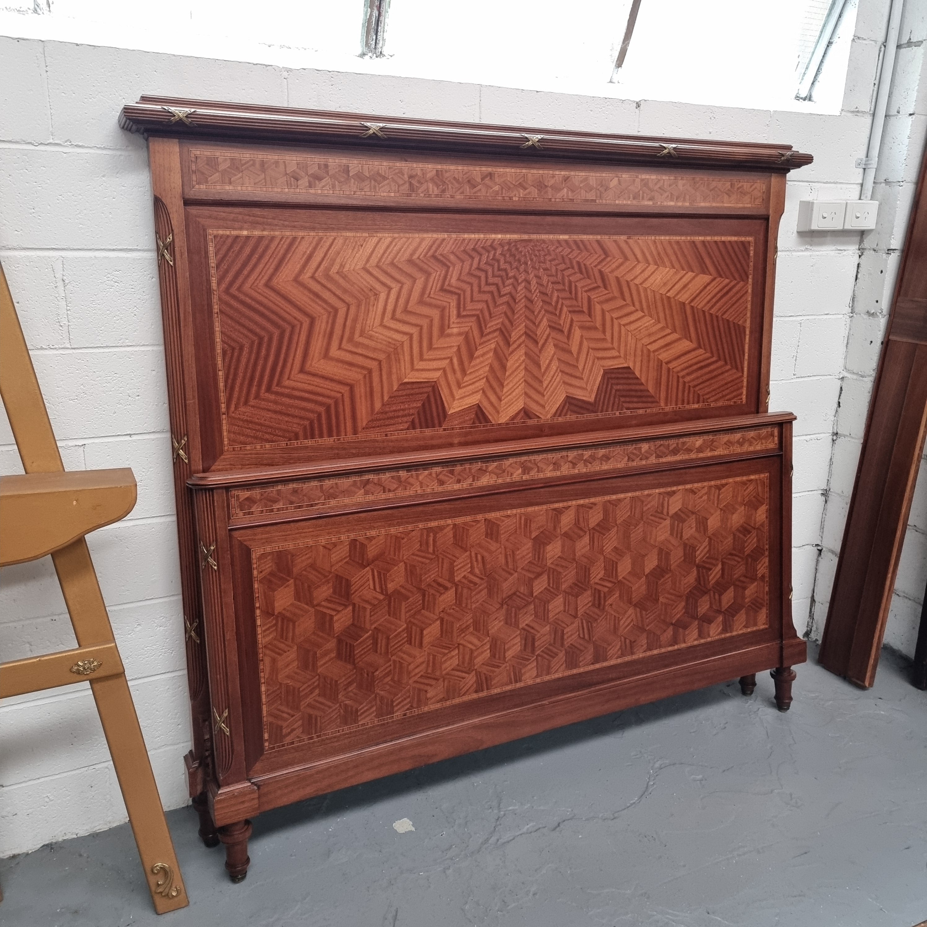 Stunning Louis 16th Style Queen Size Bed Featuring Cube Parquetry | Antique & Vintage | Moonee Ponds Antiques | Australia Wide Delivery