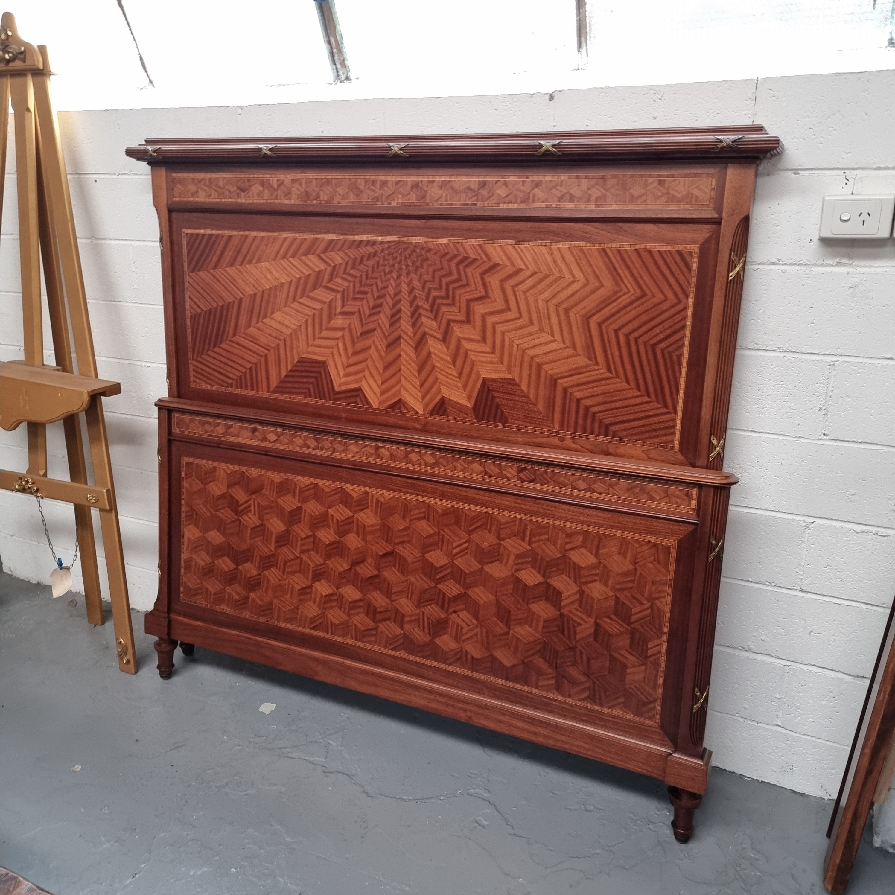 Stunning Louis 16th Style Queen Size Bed Featuring Cube Parquetry | Antique & Vintage | Moonee Ponds Antiques | Australia Wide Delivery