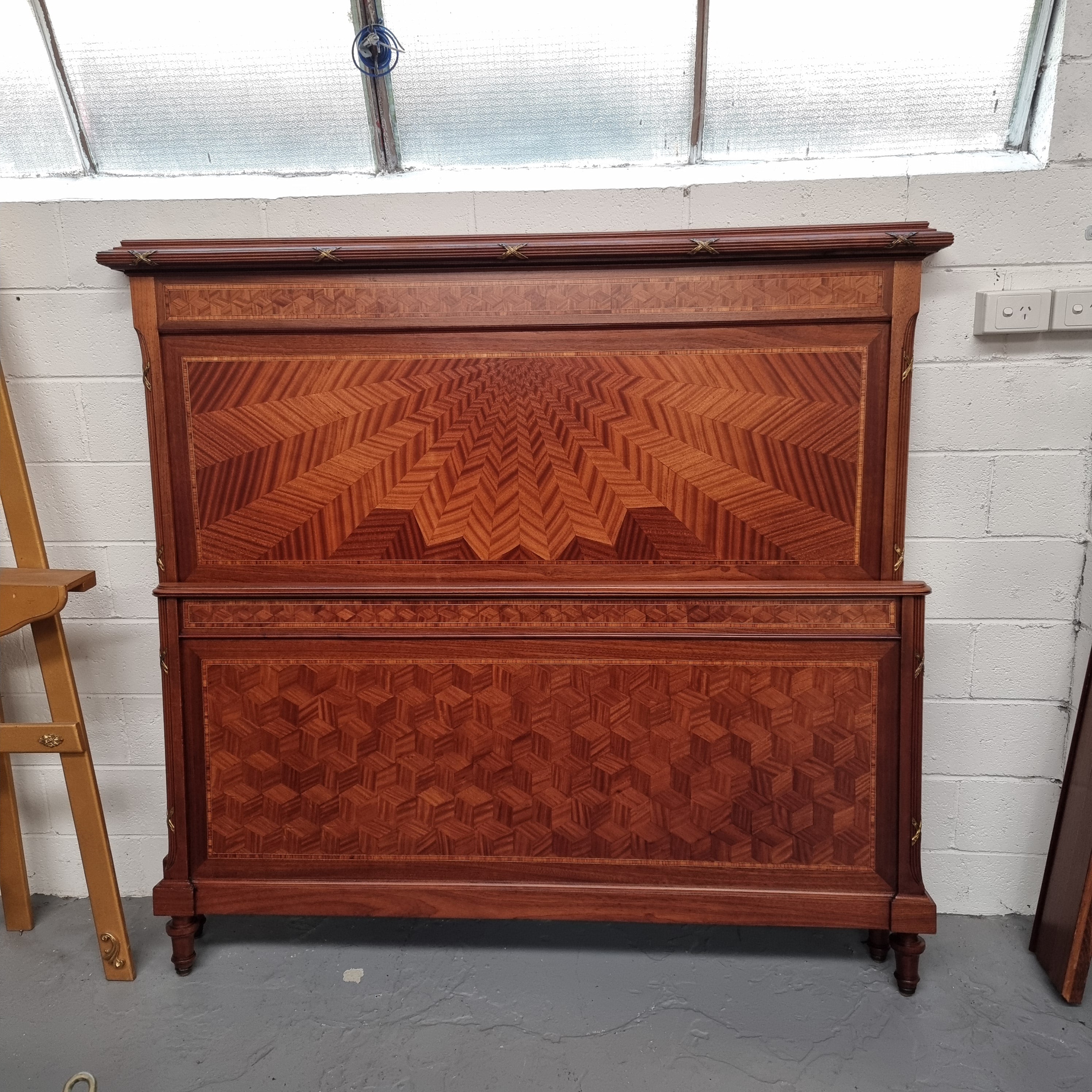 Stunning Louis 16th Style Queen Size Bed Featuring Cube Parquetry | Antique & Vintage | Moonee Ponds Antiques | Australia Wide Delivery