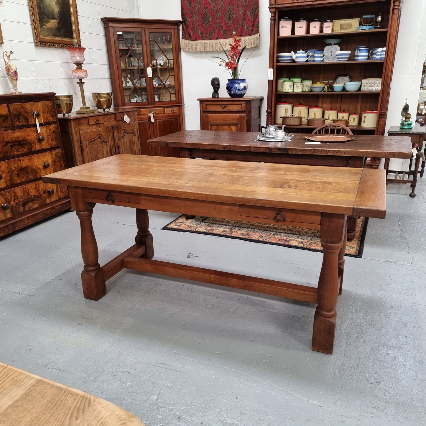 French Oak Farmhouse Style Dining Table With Two Drawers