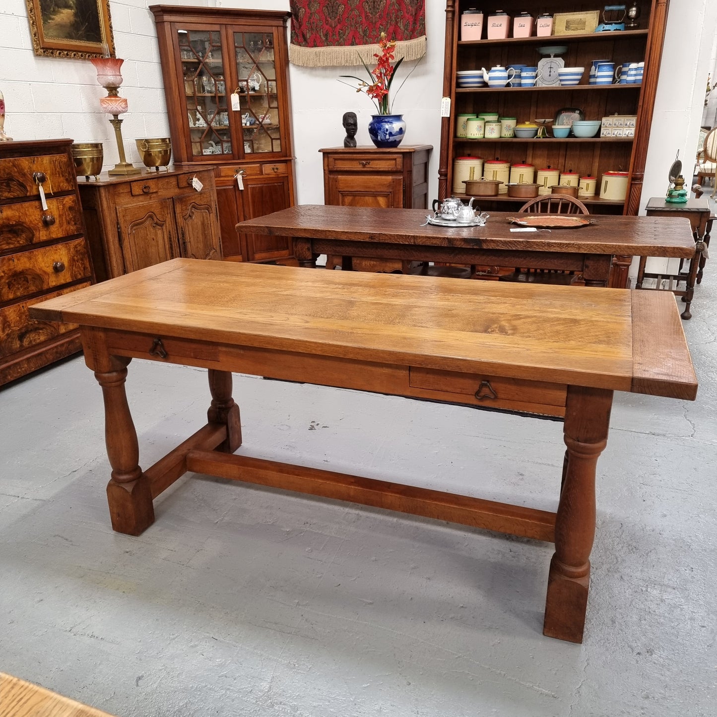 French Oak Farmhouse Style Dining Table With Two Drawers