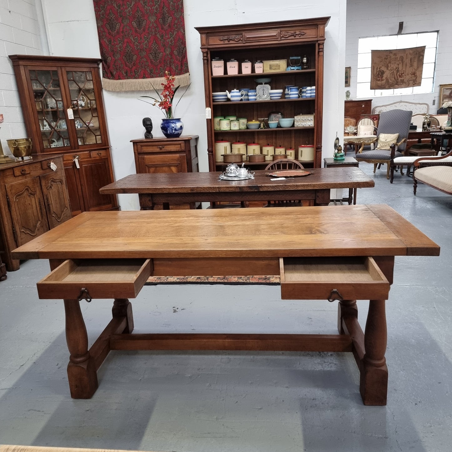 French Oak Farmhouse Style Dining Table With Two Drawers