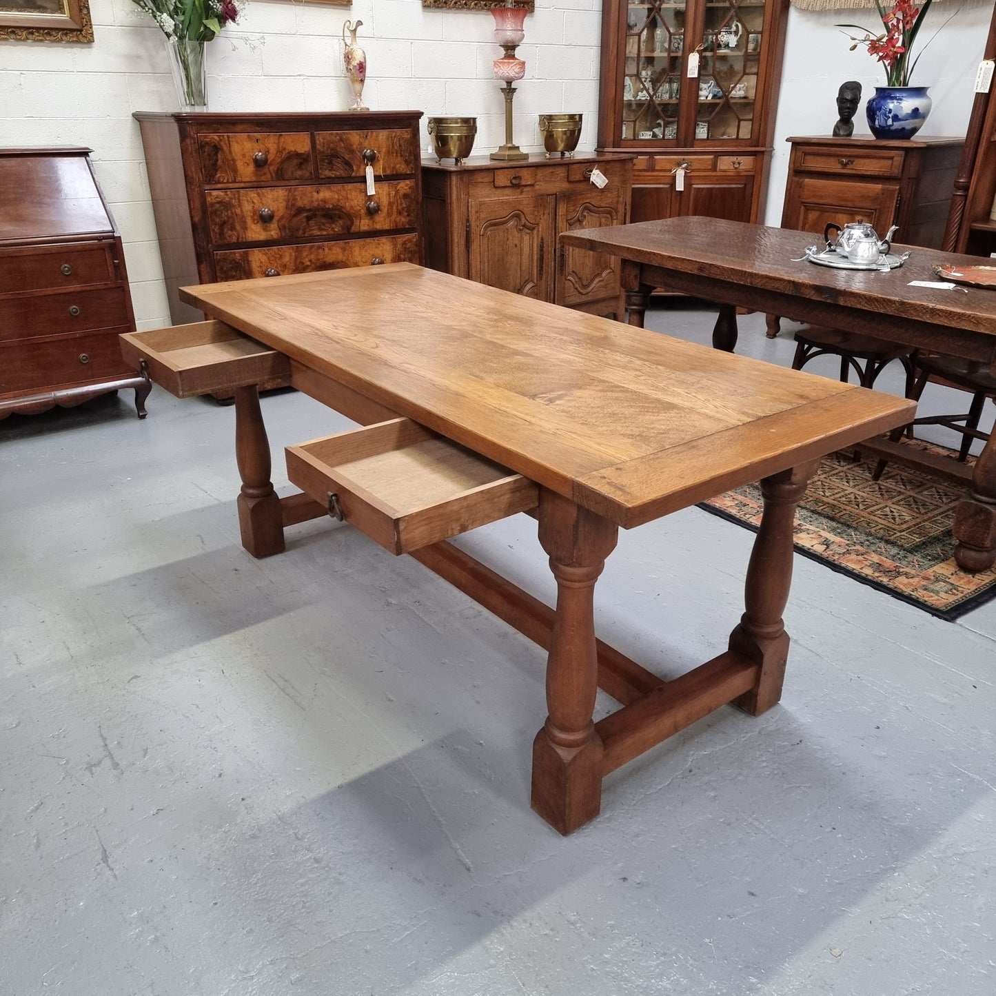 French Oak Farmhouse Style Dining Table With Two Drawers