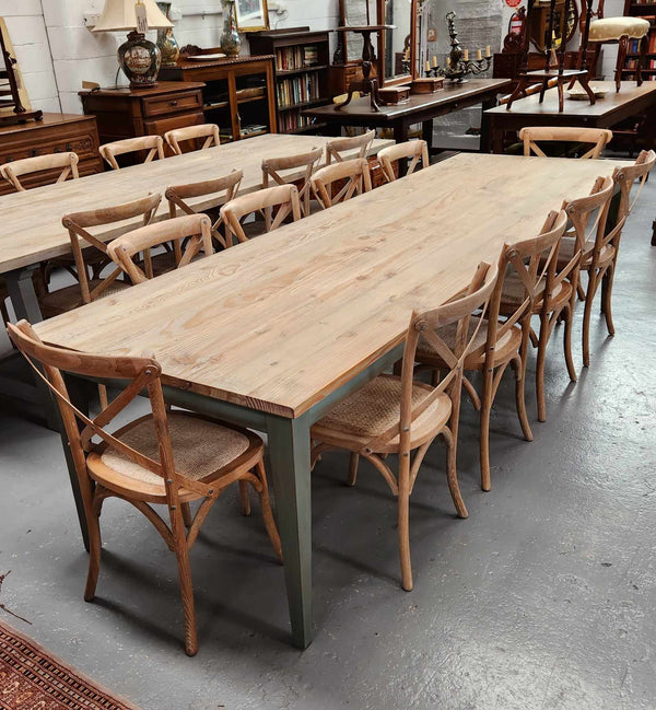 Bring the charm of rustic farmhouse style to your home with this handcrafted 3m Farmhouse style reclaimed Pine dining table. Seats 10 - 12 people. Material: Reclaimed Pine top and Reclaimed Pine base Colour: white washed and waxed natural timber top with Antique olive green base.
