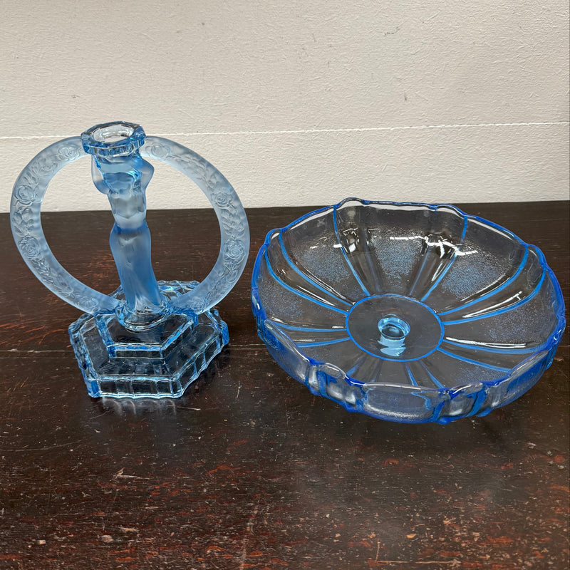 Art Deco Walther & Sohne Dancing Lady Blue Glass Comport