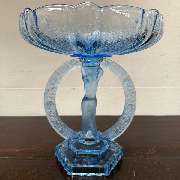 Art Deco Walther & Sohne Dancing Lady Blue Glass Comport