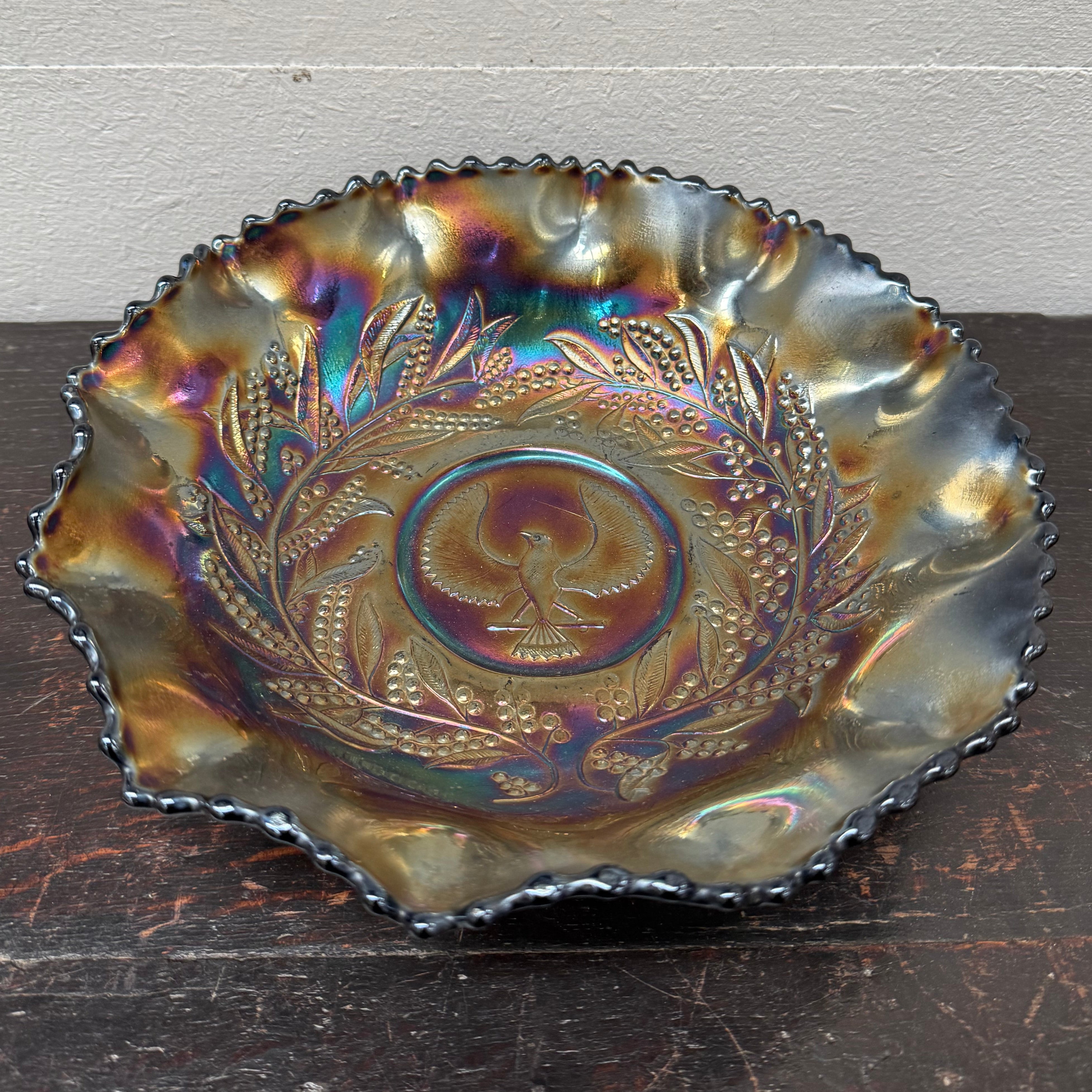 Carnival Glass Master Bowl With Bird "Piping Shrike" & Wattle Decoration | Antique & Vintage | Moonee Ponds Antiques | Australia Wide Delivery