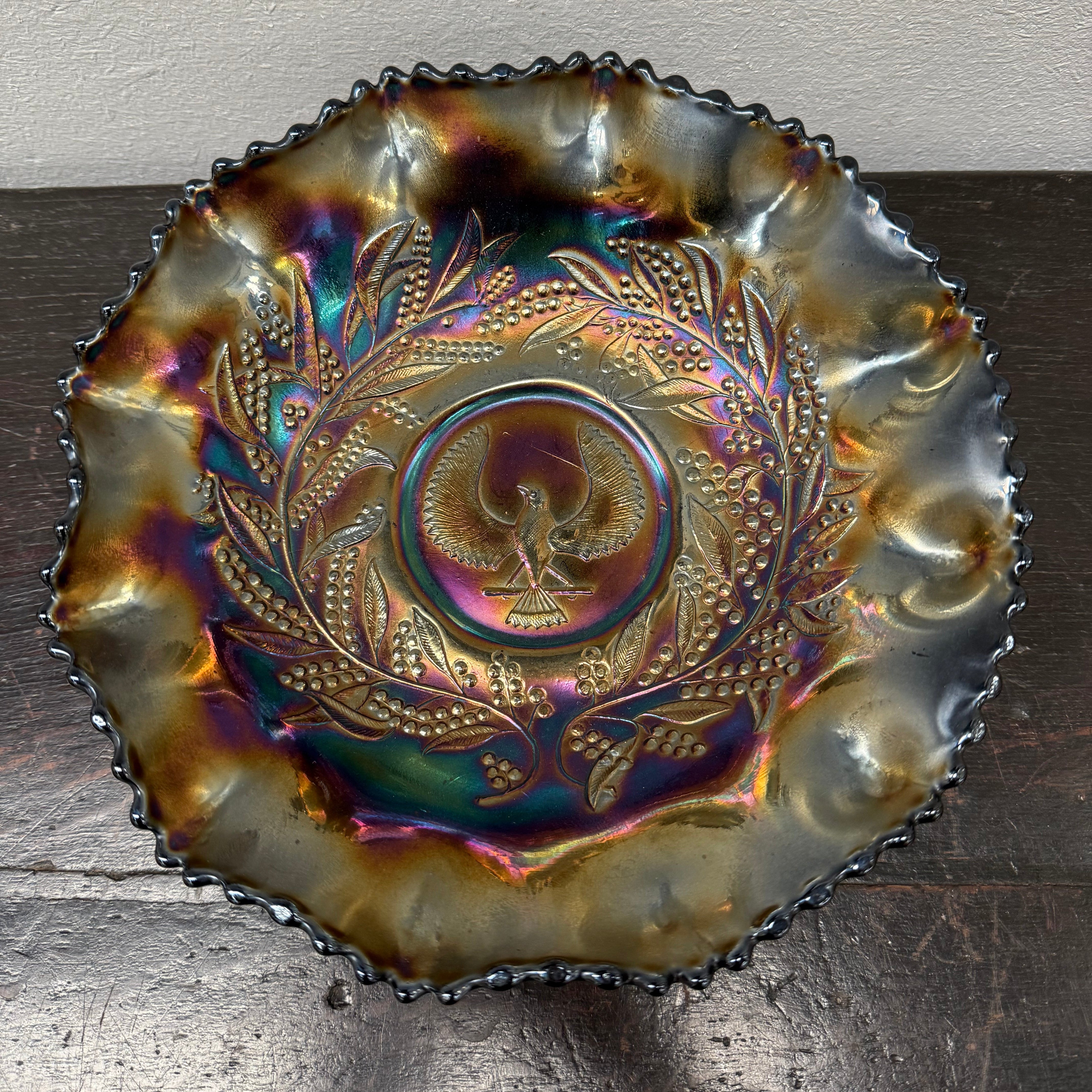 Carnival Glass Master Bowl With Bird "Piping Shrike" & Wattle Decoration | Antique & Vintage | Moonee Ponds Antiques | Australia Wide Delivery