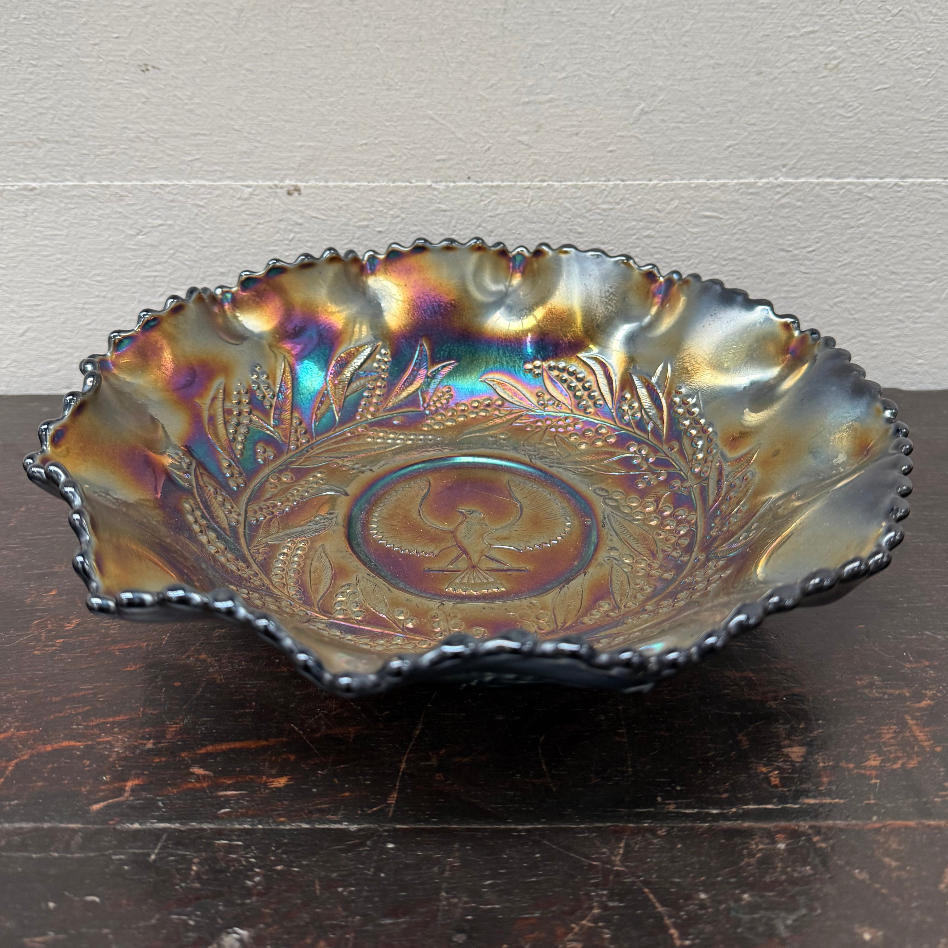 Carnival Glass Master Bowl With Bird "Piping Shrike" & Wattle Decoration | Antique & Vintage | Moonee Ponds Antiques | Australia Wide Delivery