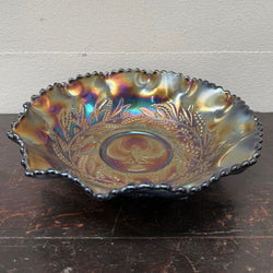 Carnival Glass Master Bowl With Bird "Piping Shrike" & Wattle Decoration | Antique & Vintage | Moonee Ponds Antiques | Australia Wide Delivery