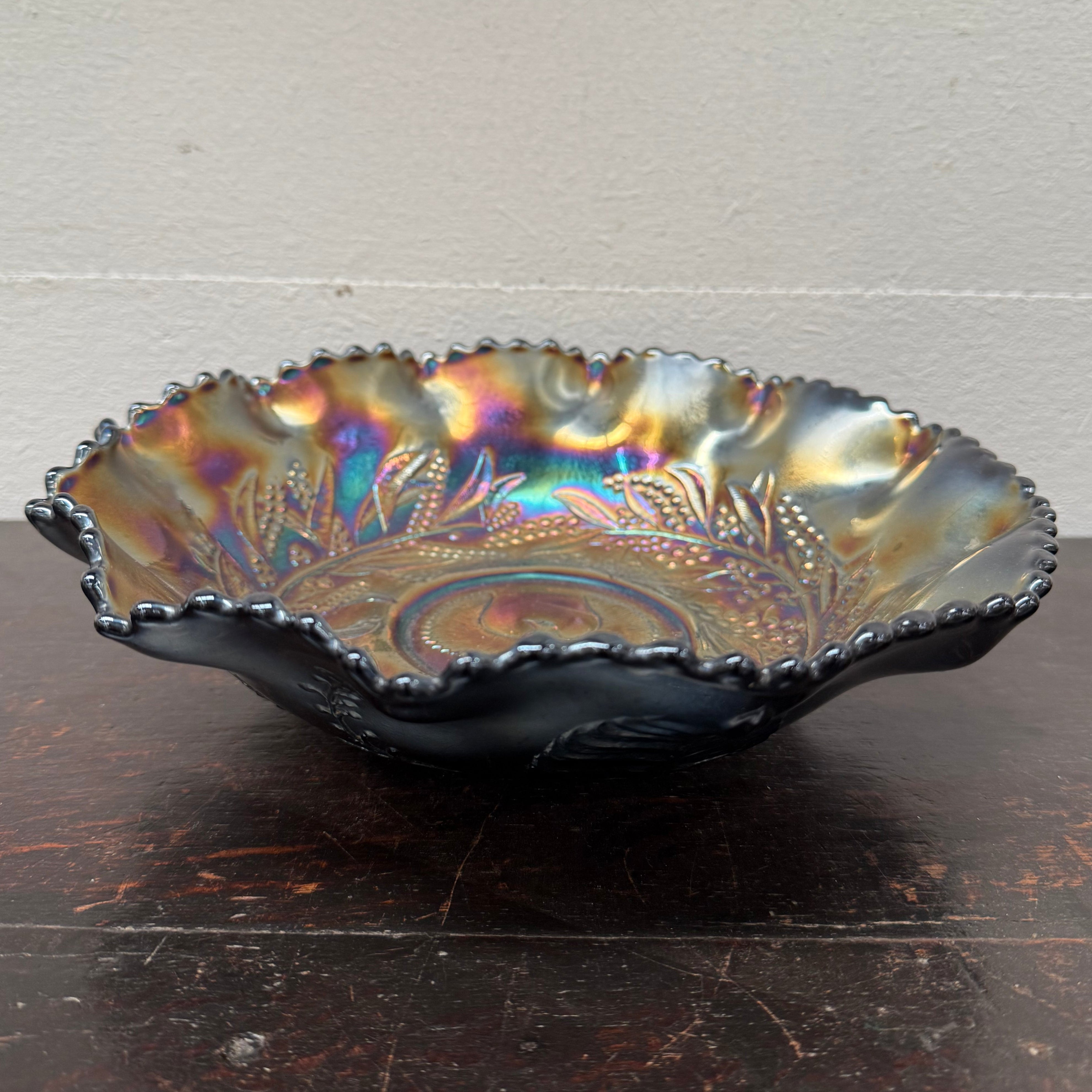 Carnival Glass Master Bowl With Bird "Piping Shrike" & Wattle Decoration | Antique & Vintage | Moonee Ponds Antiques | Australia Wide Delivery