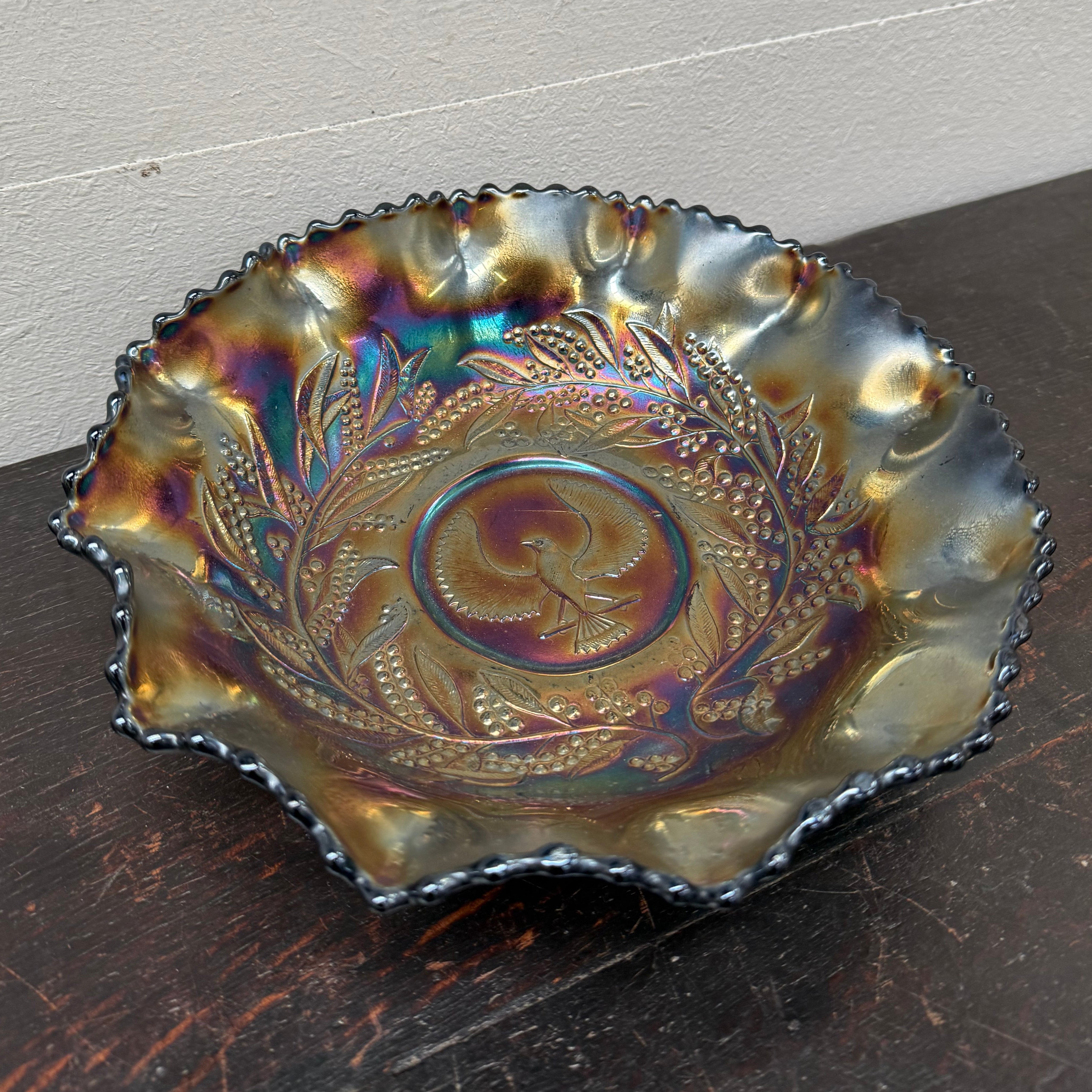 Carnival Glass Master Bowl With Bird "Piping Shrike" & Wattle Decoration | Antique & Vintage | Moonee Ponds Antiques | Australia Wide Delivery
