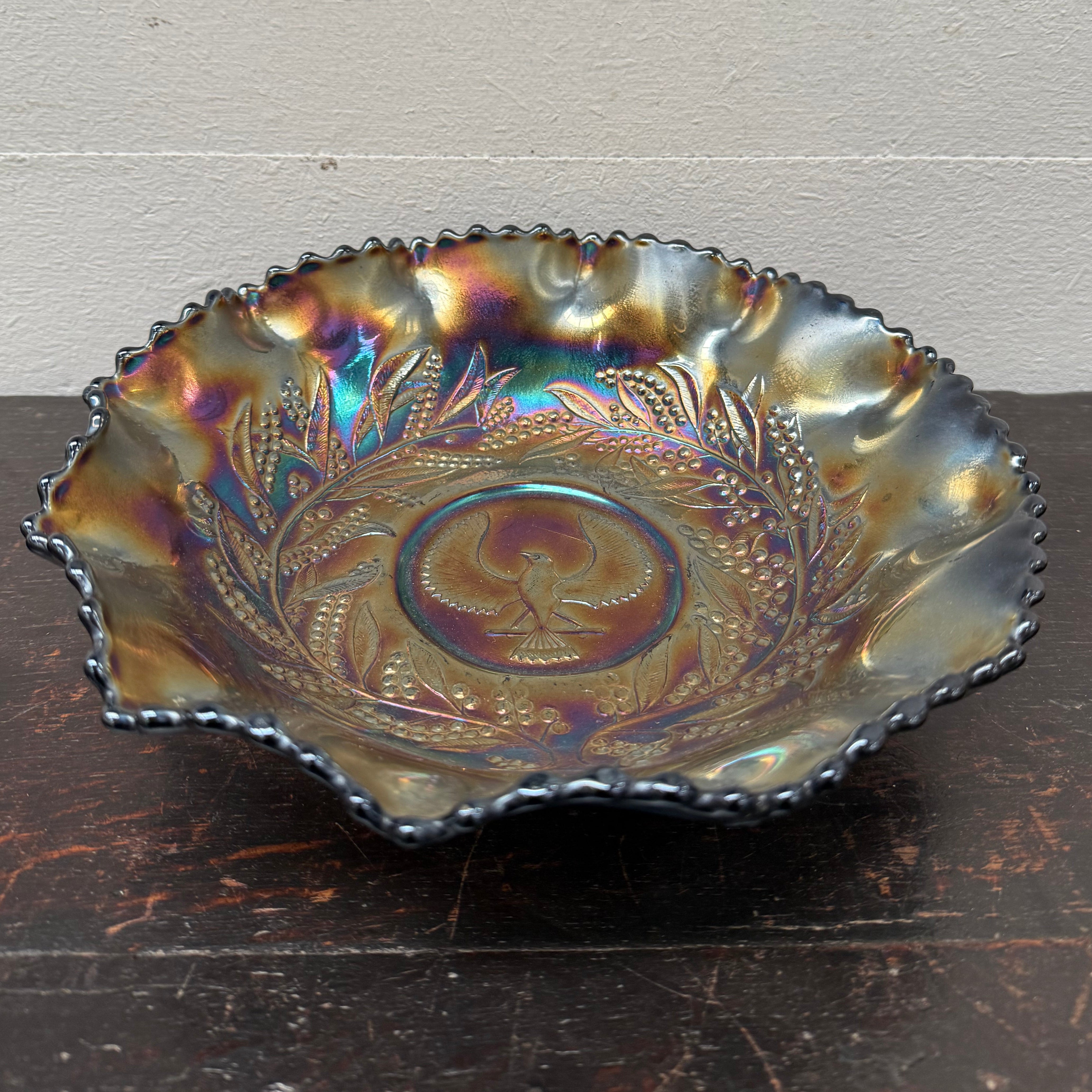 Carnival Glass Master Bowl With Bird "Piping Shrike" & Wattle Decoration | Antique & Vintage | Moonee Ponds Antiques | Australia Wide Delivery