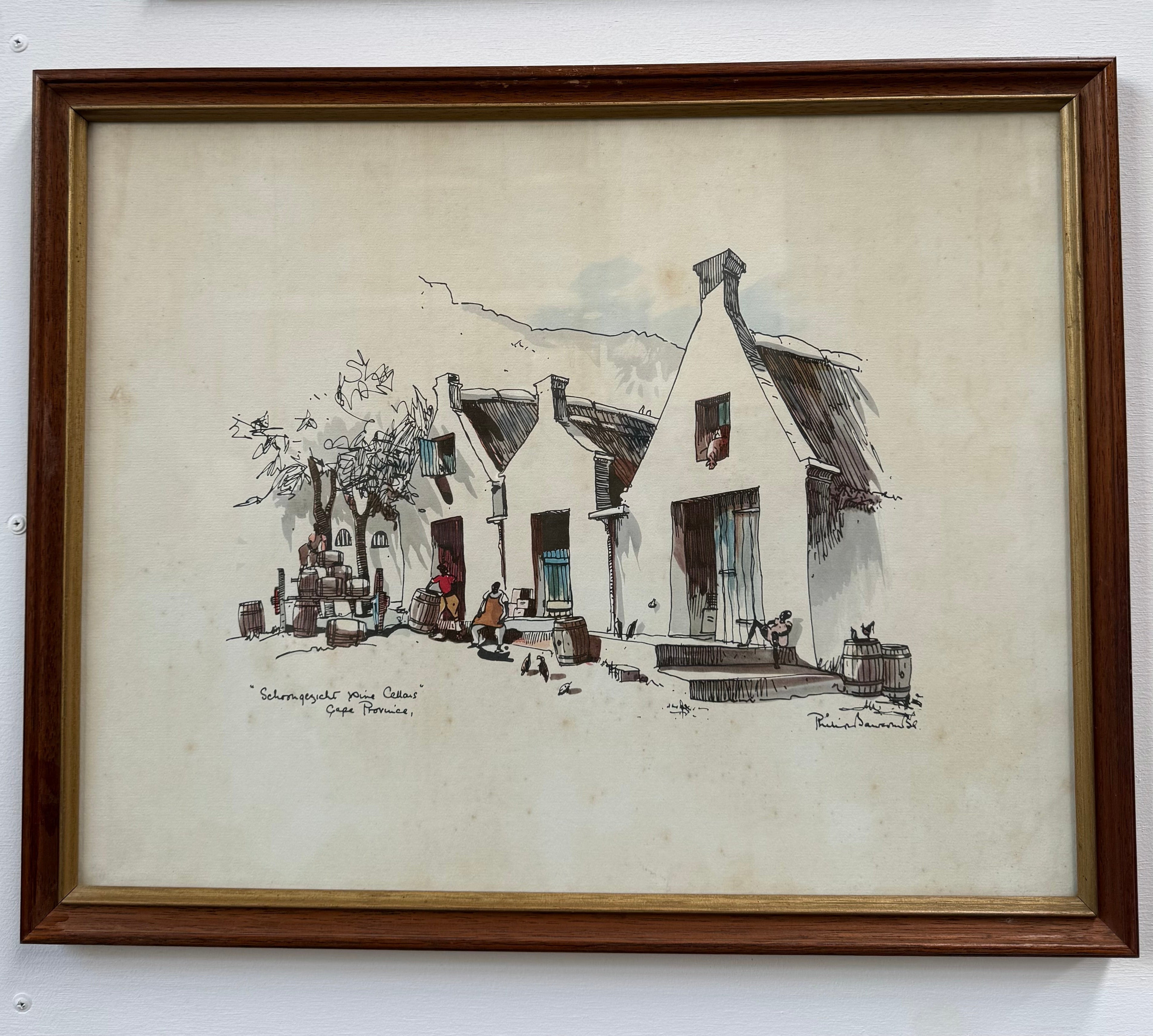 Framed Mixed Media "Schoongezicht Wine Cellars Cape Province" By Philip Bawcombe (British and South Africa 190)