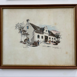 Framed Mixed Media "Schoongezicht Wine Cellars Cape Province" By Philip Bawcombe (British and South Africa Philip William Bawcombe 1906 - 2000)