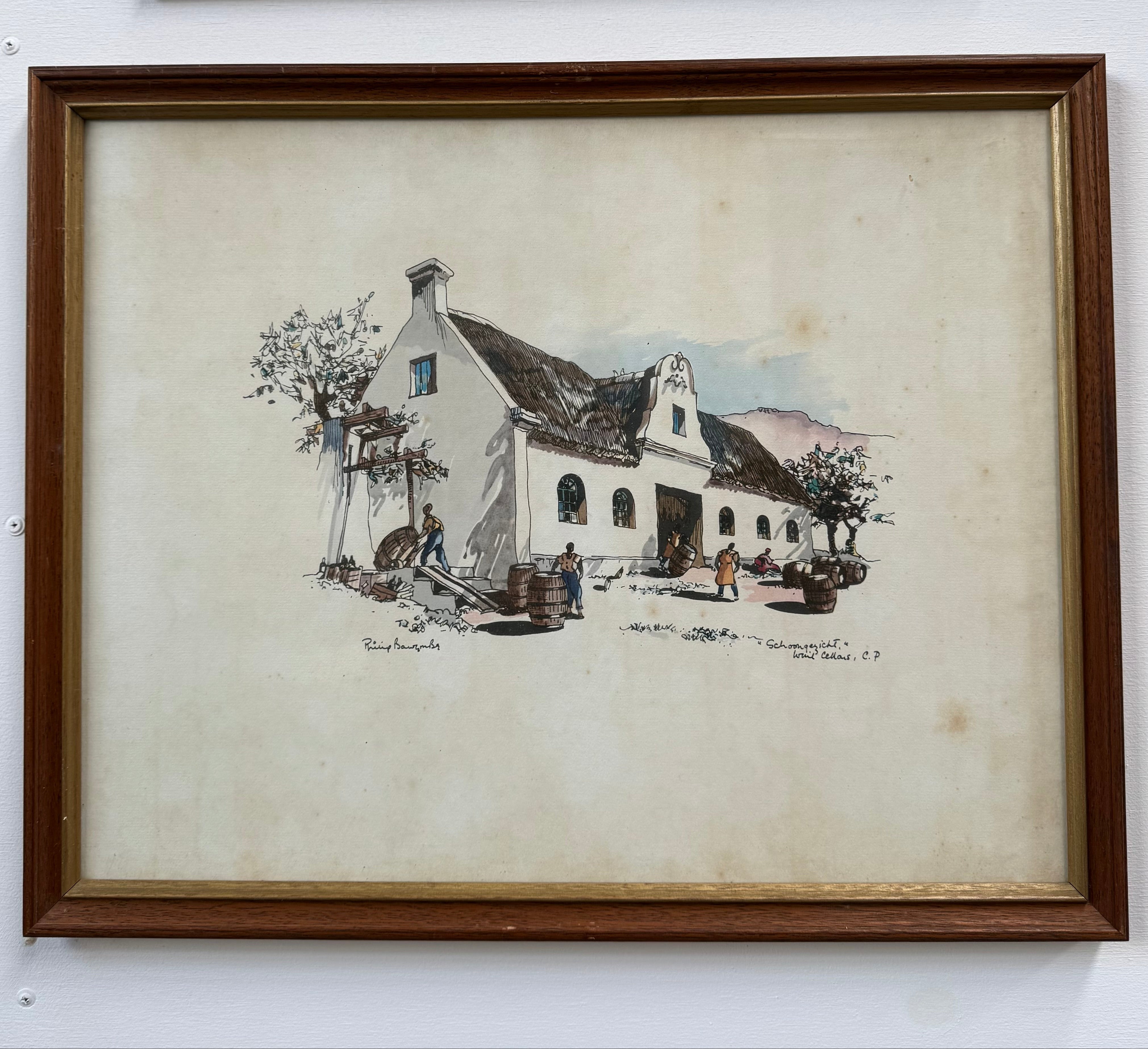 Framed Mixed Media "Schoongezicht Wine Cellars Cape Province" By Philip Bawcombe (British and South Africa Philip William Bawcombe 1906 - 2000)
