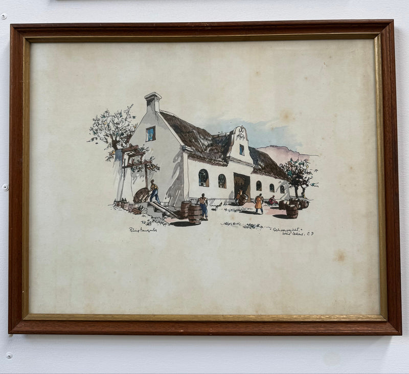 Framed Mixed Media "Schoongezicht Wine Cellars Cape Province" By Philip Bawcombe (British and South Africa Philip William Bawcombe 1906 - 2000)