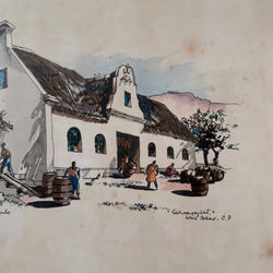 Framed Mixed Media "Schoongezicht Wine Cellars Cape Province" By Philip Bawcombe (British and South Africa Philip William Bawcombe 1906 - 2000) | Antique & Vintage | Moonee Ponds Antiques | Australia Wide Delivery