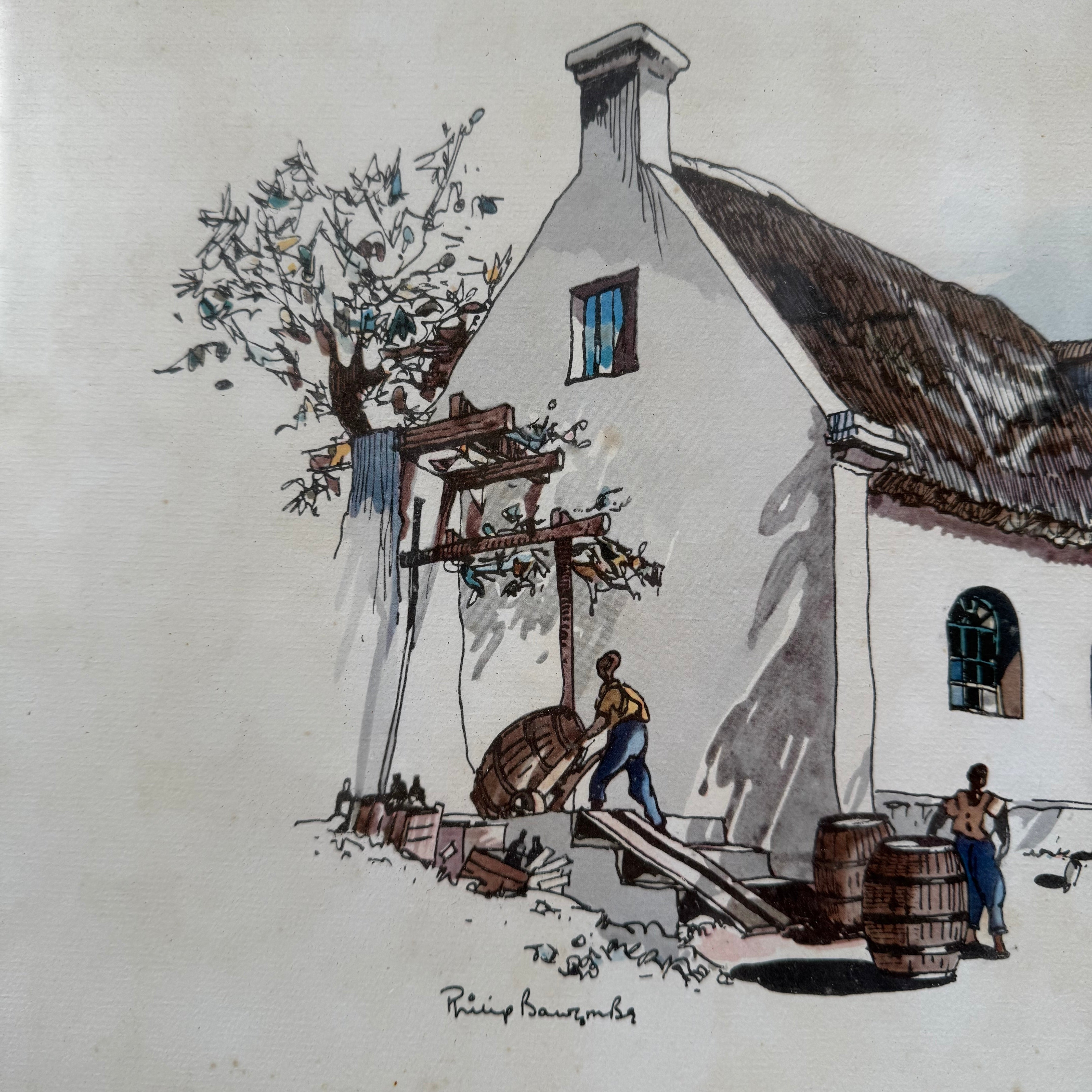 Framed Mixed Media "Schoongezicht Wine Cellars Cape Province" By Philip Bawcombe (British and South Africa Philip William Bawcombe 1906 - 2000) | Antique & Vintage | Moonee Ponds Antiques | Australia Wide